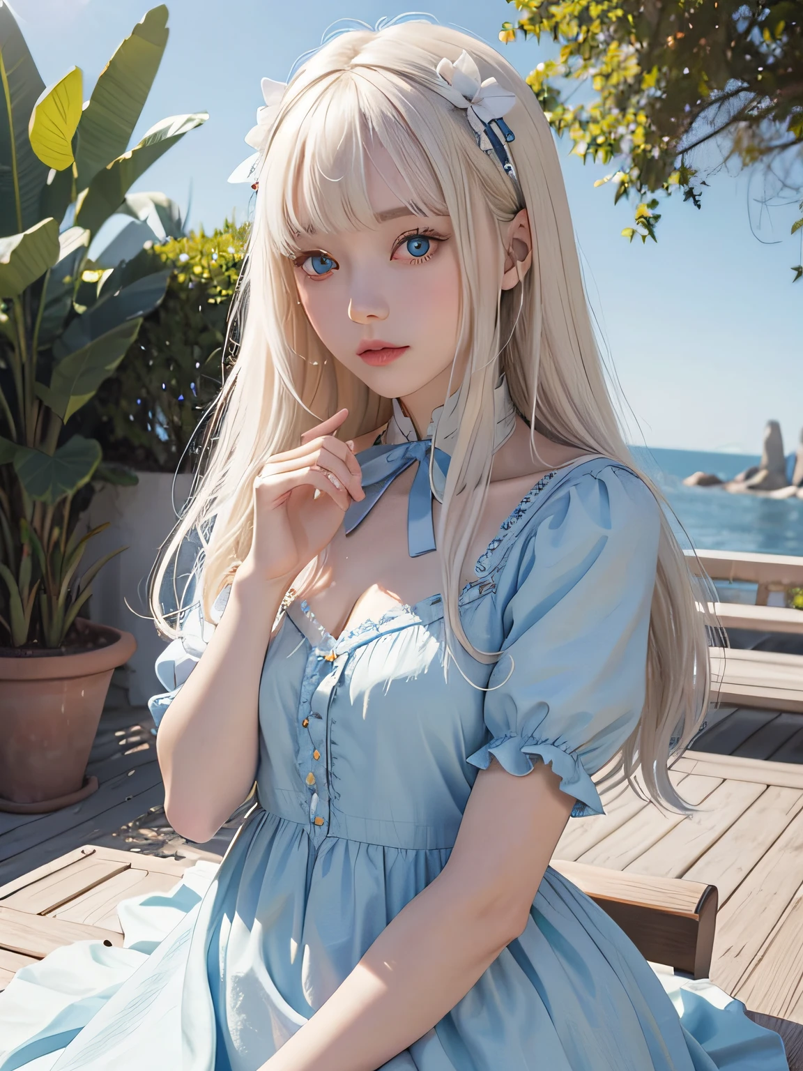 top-quality、超A high resolution、A picture、a photo of a cute girl、Detailed cute and beautiful face、(PureErosFace_V1:0.008)、beautiful bangs、alice in the wonderland、14years、White shiny skin、By bangs、Platinum blonde hair is extra-long, Straight hair is silky、finer hair、Charming beautiful crystal clear blue eyes、White apron、a blue dress、nomake-up