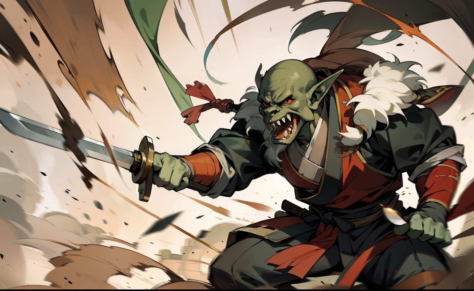 orc, wearing traditional chinese clothes, holding sword, knife, attack, fight, battlefield, best image, best quality, clear detail, full coal, 8k, anime