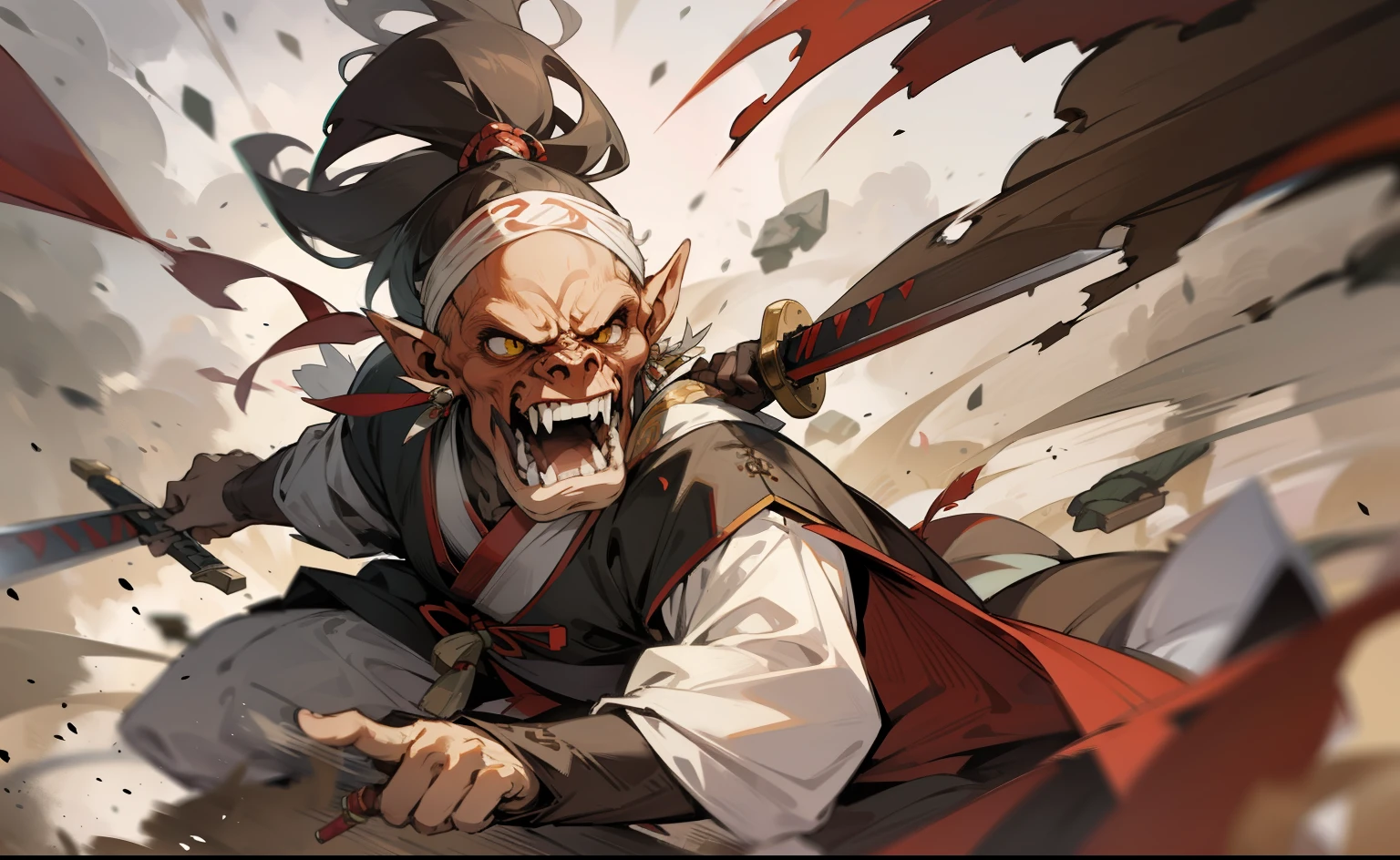 orc, wearing traditional chinese clothes, holding sword, knife, attack, fight, battlefield, best image, best quality, clear detail, full coal, 8k, anime