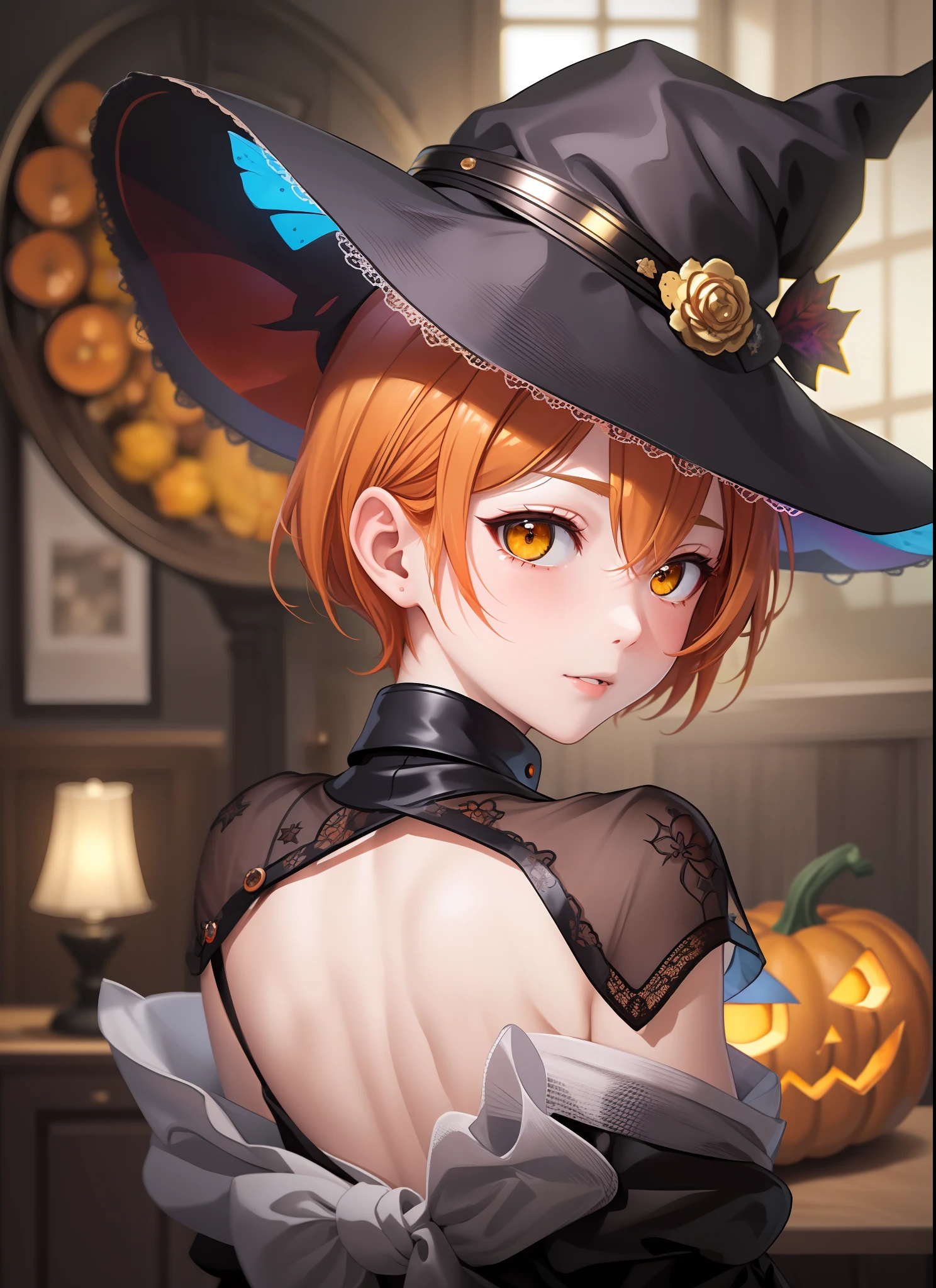 (masterpiece), (best quality), 8k resolution, Hoshizora rin, solo, orange hair, sexy, sexy maid dress, witch, front light, cinematic light, cold light, dark background, witch hat, indoor, mystery, fantasy, pumkin, moist skin,(lips:0.6), from behind