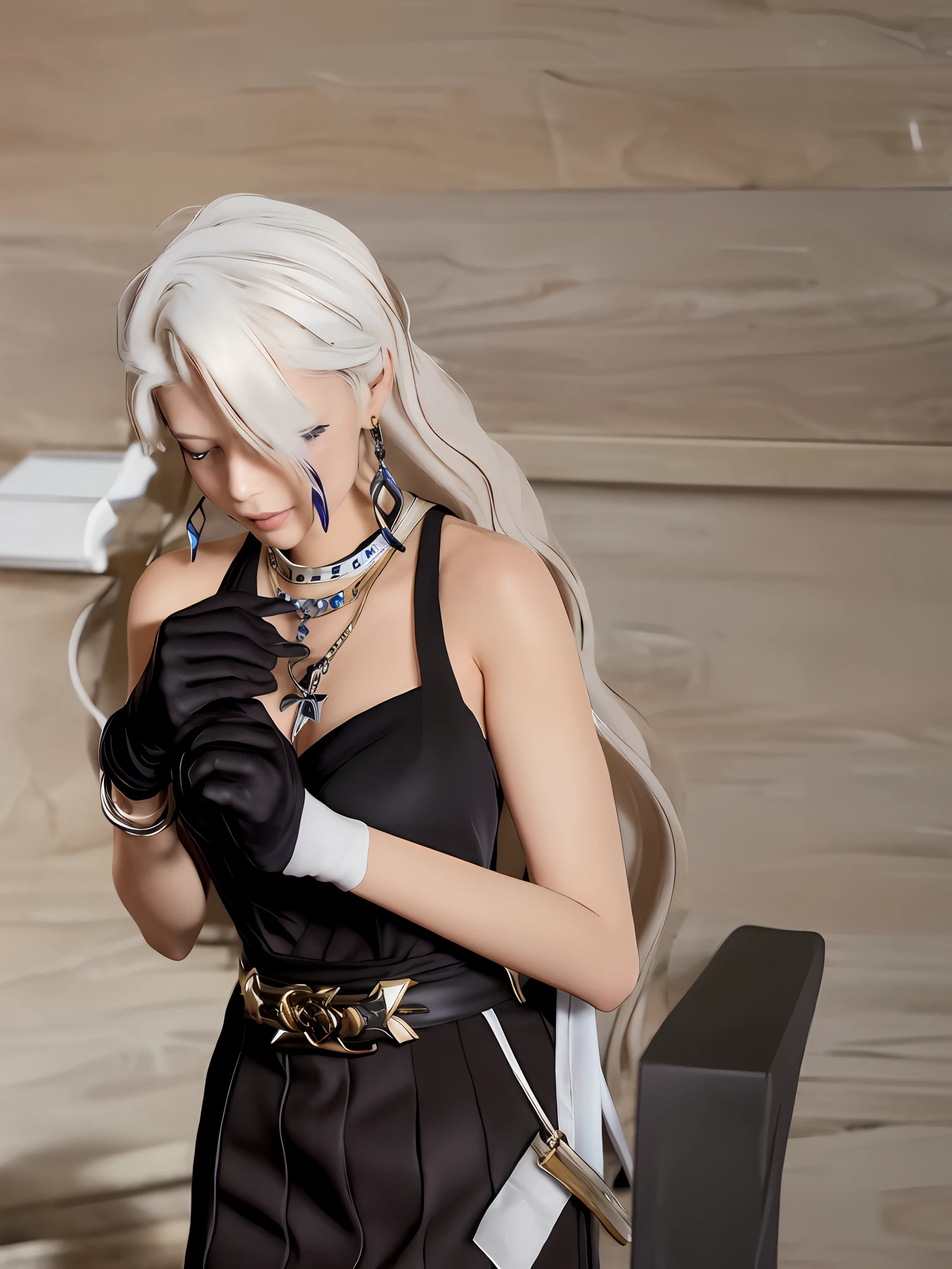 Blindfolded, white-haired beauty in costume