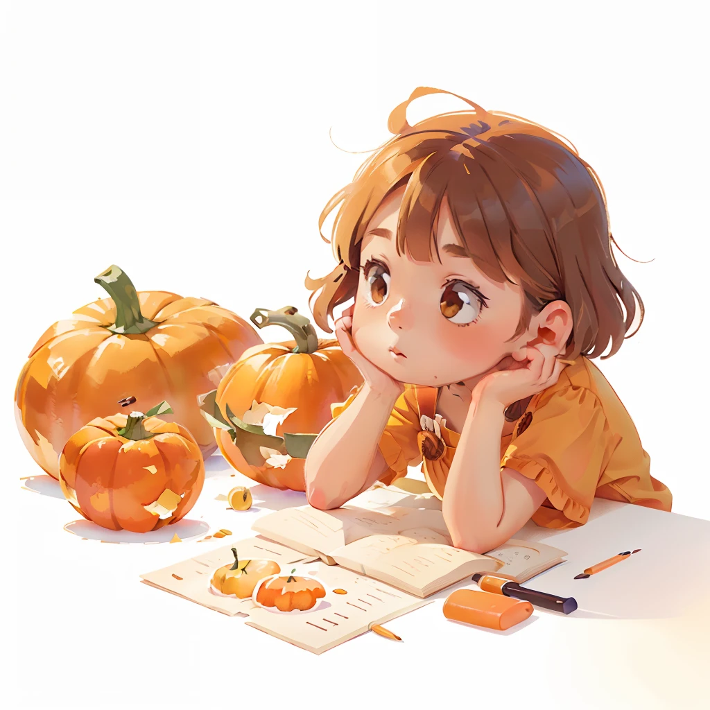 watercolor style, sunflower laying on the table with 3 pumpkins, PNG file, white background, no human, flatlay style, flat lay photography, warm tone
