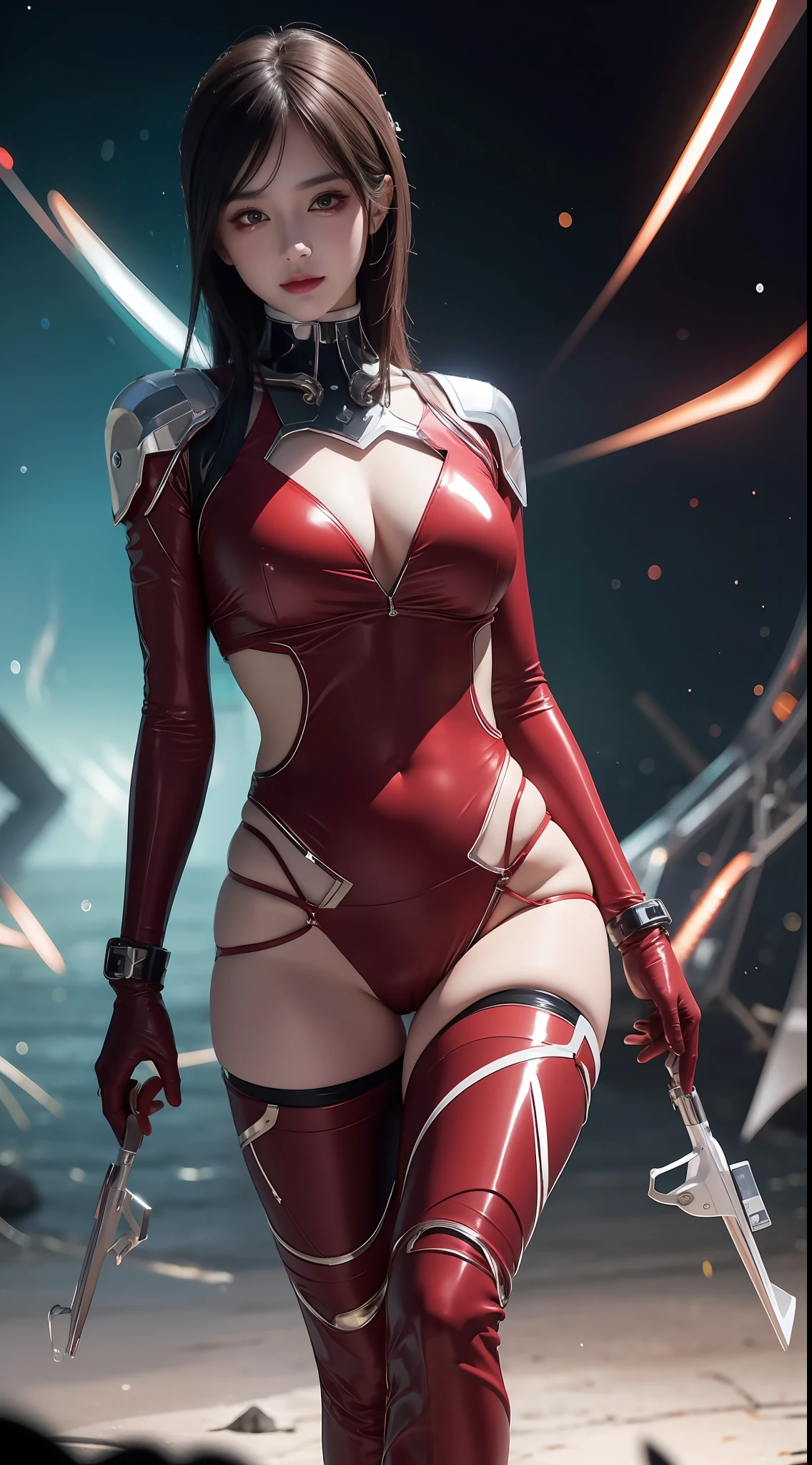 8K uhd, materpiece, a beautiful girl, detaild eye, good face, detaild eyebrow, beautiful outfit, red color outfit, cyberpunk, Cyberspace, shining, diaco lighting, whole body capture,