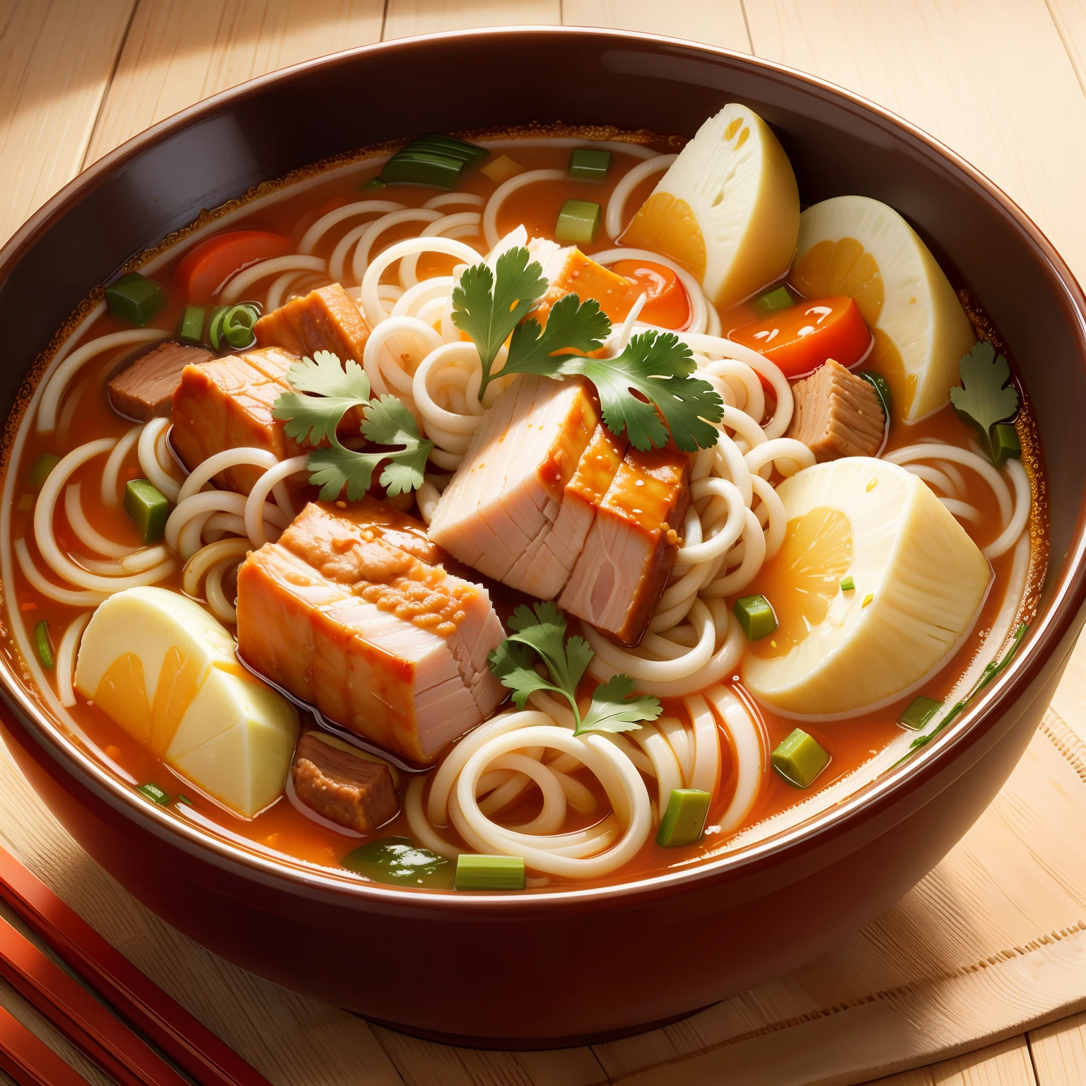 Spicy soup, noodles, large bowl, delicious pork slices, vegetables