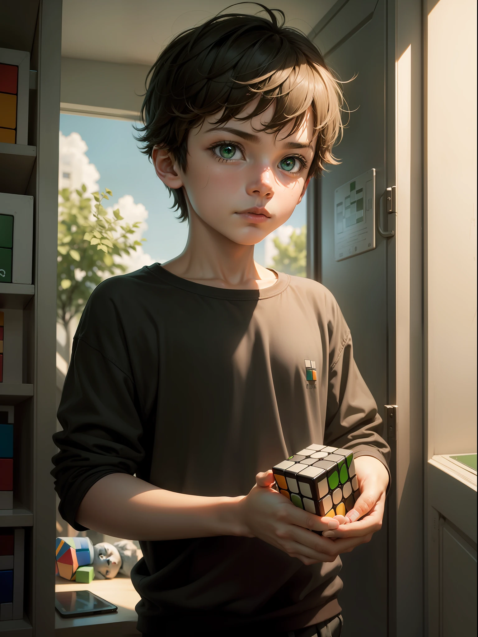Artistically,The Rubik's Cube held by the boy in his hand,The eyes looked at the looming green in the distance