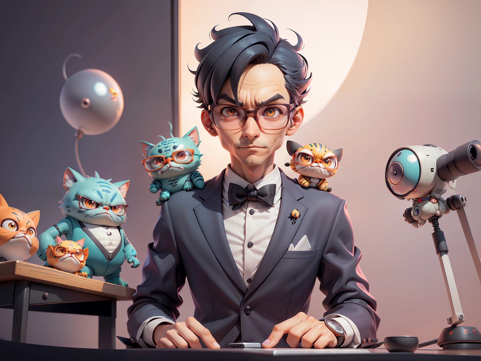 A young man in a suit, Short hair and glasses sat at his desk,holding laptop,digitial painting,tigre,3D character design by Mark Clairen and Pixar and Hayao Miyazaki and Akira Toriyama,4K HD illustration,Very detailed facial features and cartoon-style visuals。