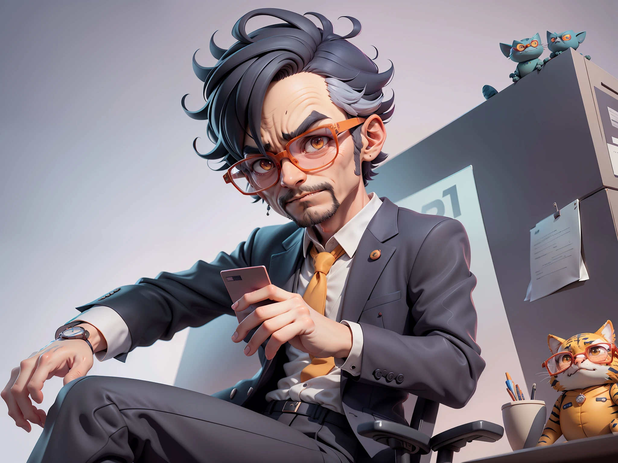 A young man in a suit, Short hair and glasses sat at his desk，holding laptop，digitial painting，tigre，3D character design by Mark Clairen and Pixar and Hayao Miyazaki and Akira Toriyama，4K HD illustration，Very detailed facial features and cartoon-style visuals。
