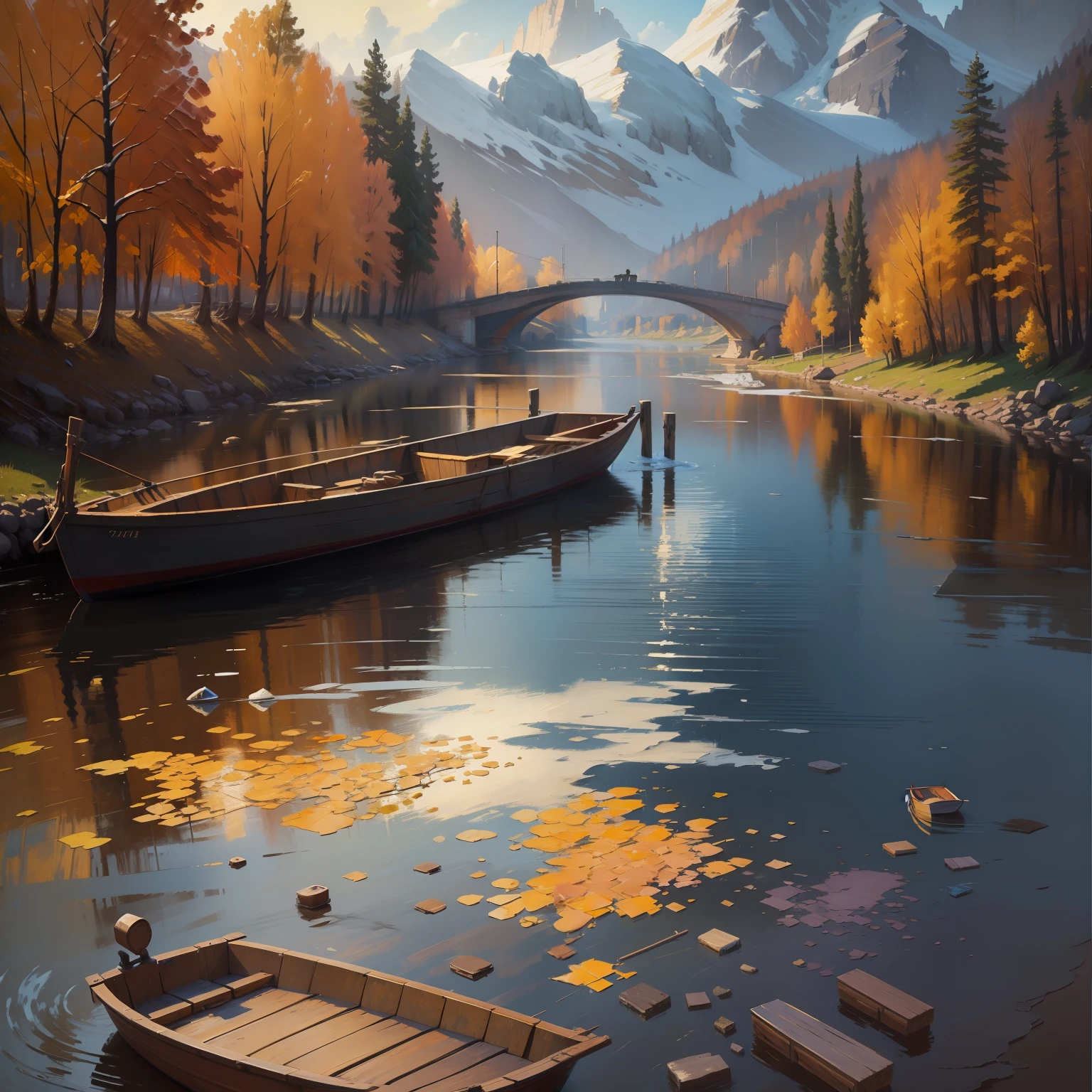Painting of a boat on a river with a bridge in the background - SeaArt AI