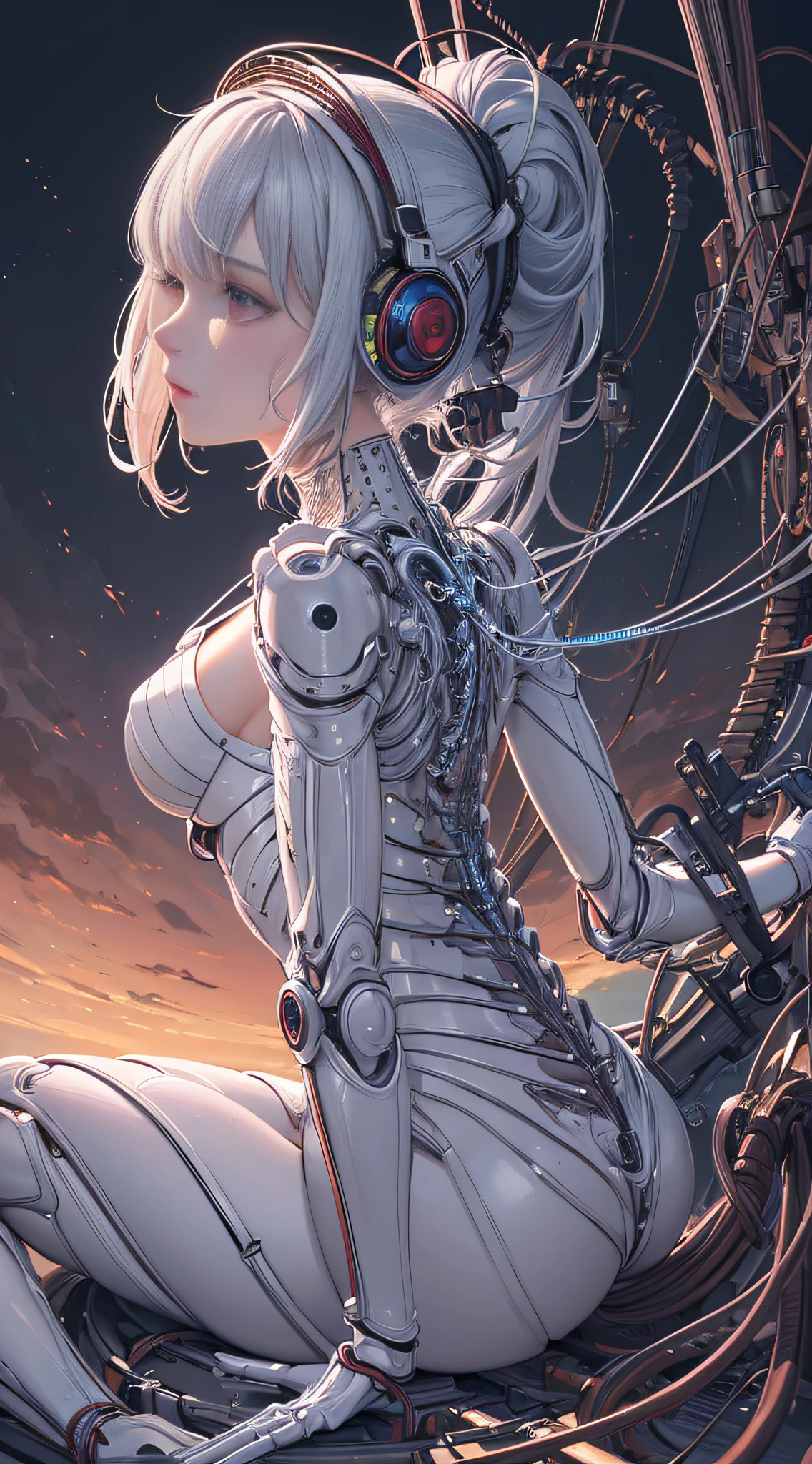 (((masterpiece))), (((best quality))), ((ultra-detailed)), (highly detailed CG illustration), ((an extremely delicate and beautiful)),(from side),cinematic light,((1mechanical girl)),solo,full body,(machine made joints:1.2),((machanical limbs)),(blood vessels connected to tubes),(mechanical vertebra attaching to back),((mechanical cervial attaching to neck)),(sitting),expressionless,(wires and cables attaching to neck:1.2),(wires and cables on head:1.2)(character focus),science fiction,extreme detailed,colorful,highest detailed