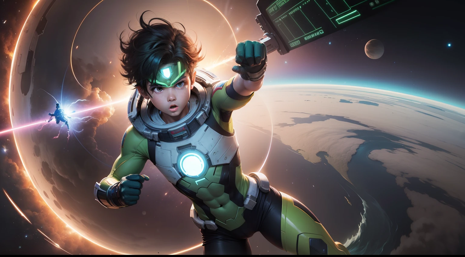 A boy, with superpower, fighting with some green aliens, in space.