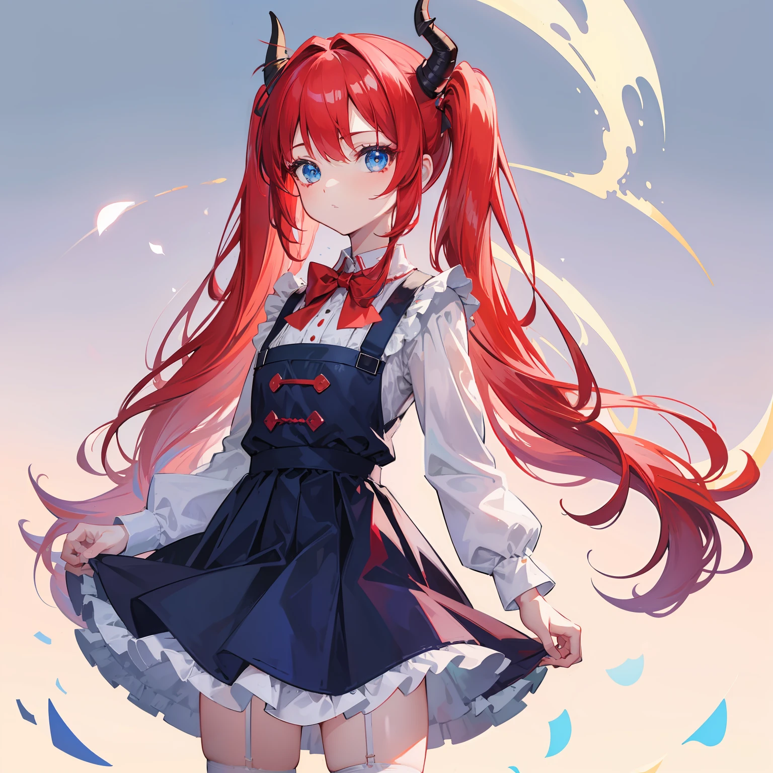 {{best quality}}, {{masterpiece}}, {{ultra-detailed}}, {illustration}, {detailed light}, red hair,blue eyes,twintails,lolita,Suspenders skirt,Fantastic,loli,solo,Dragon horns, girl,long hair