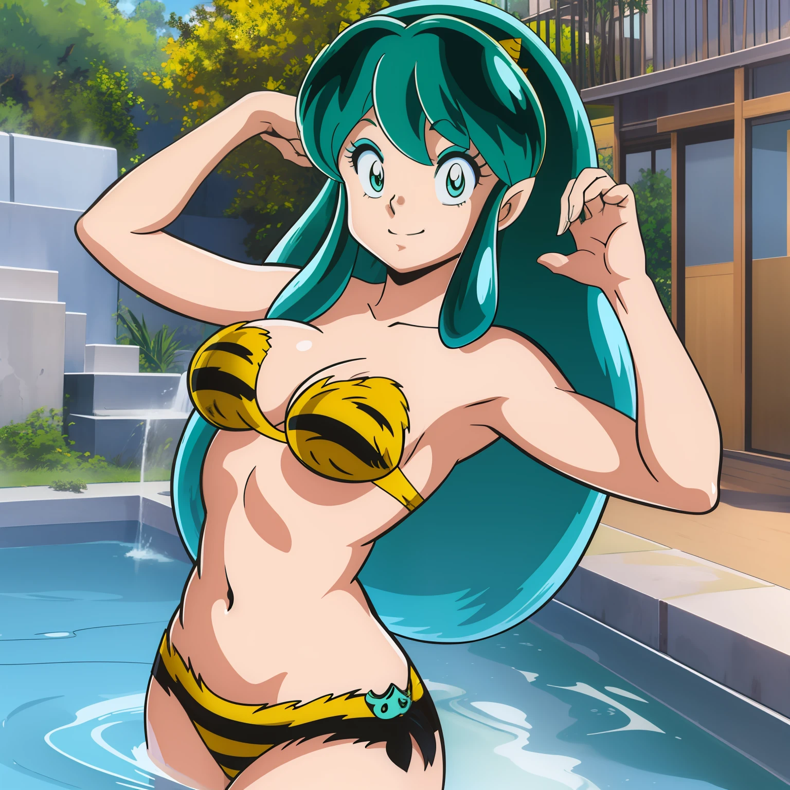 Oni, , largo cabello verde, cuernos amarillos, Lum, en la casa de ataru, sonrisa alegre, semblante animado, urusei yatsura, lum bikini, bikini amarillo con grandes rayas negra