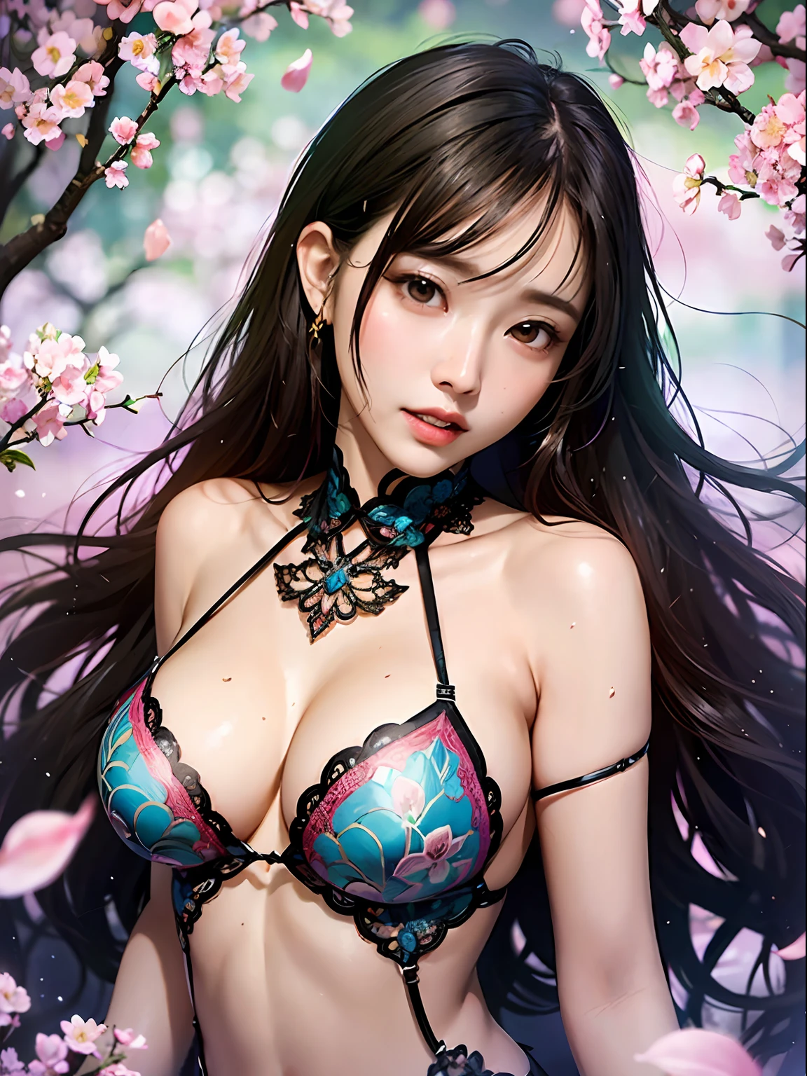 loose outfit、Show shoulders、Dark colored cheongsam、How to wear a black cheongsam、Decorated with intricate patterns and bright colors、Transparent material that makes the skin shine、Artistic depiction of seductive woman in gown with wet thin cloth and transparent skin, Floral and fantastic pattern with flowing silky traditional see-through skin。Her dress draped elegantly around her curvaceous figure、Emphasizes her charming silhouette。She's a gentle fireworks night、Dynamic Posing、Sexy Posing、bathed in the soft glow of moonlight。The scene is、With a hint of mystery and sensuality、It exudes an ethereal dreamy atmosphere。The image style is、Incorporates a blend of watercolor and digital illustration techniques.、It makes you feel delicate beauty and charm。Soft moonlit lighting、Cast gentle highlights and shadows on her mesmerizing features。Dynamic Posing、Bold poses、The hand is somewhere、see -through、show through、A sexy、Wet hair、Wet、(cherry trees、flower petals、cherryblossom、The cherry tree、Sakura Snowstorm 1.5)、buried、Transparent skin、Wet clothes、(Chest 1.2)、Navel Ejection、Swaying in the wind、Burgundy、pale red、(Slouch 1.5)、Lace colors、lace choker、a choker、Lie on your back on the surface of the water、New lining、Stall badly in the wind、Large stall、Flapping stalls、Spread hair、