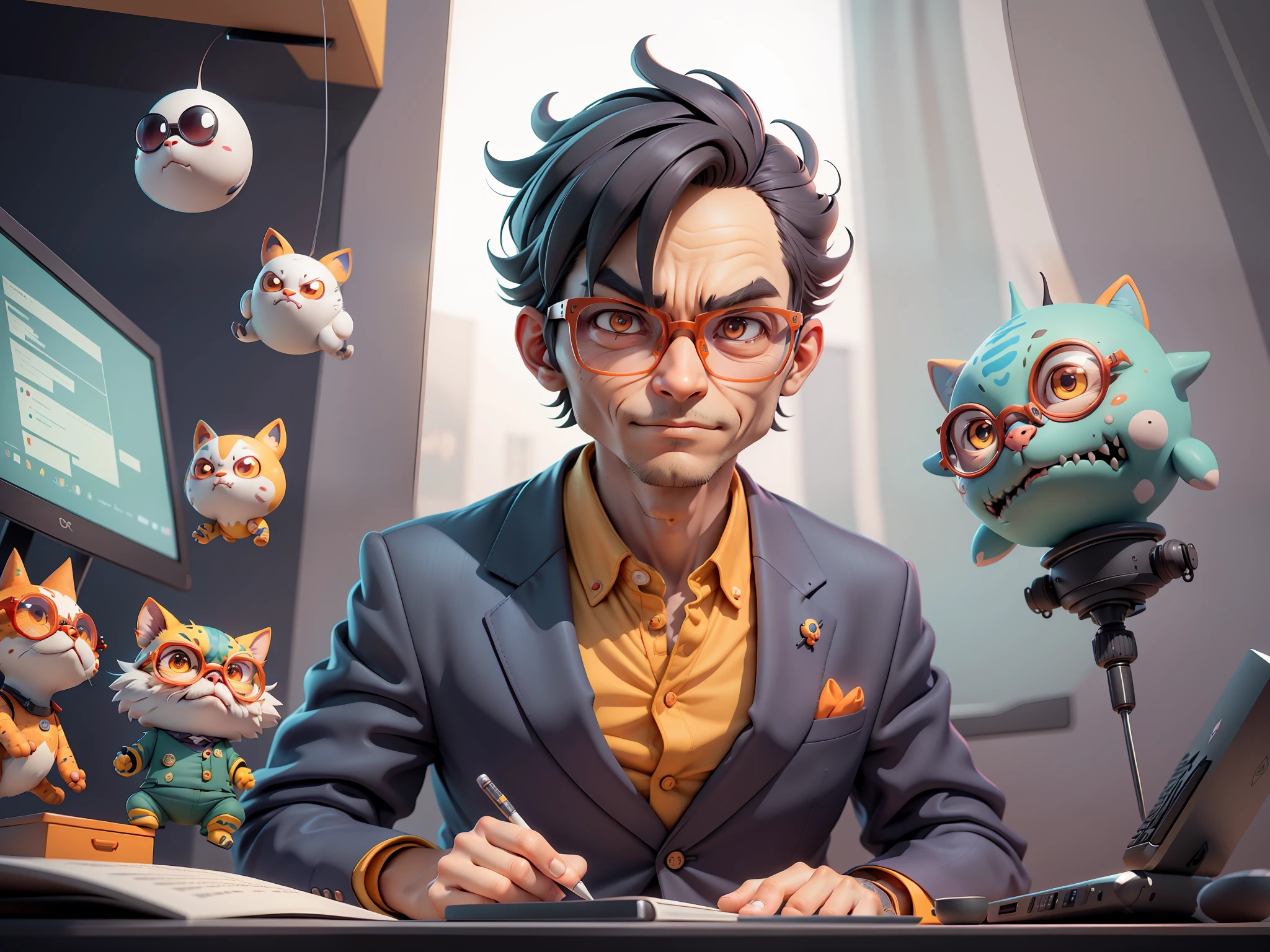A young man in a suit, Short hair and glasses sat at his desk，holding laptop，digitial painting，tigre，3D character design by Mark Clairen and Pixar and Hayao Miyazaki and Akira Toriyama，4K HD illustration，Very detailed facial features and cartoon-style visuals。