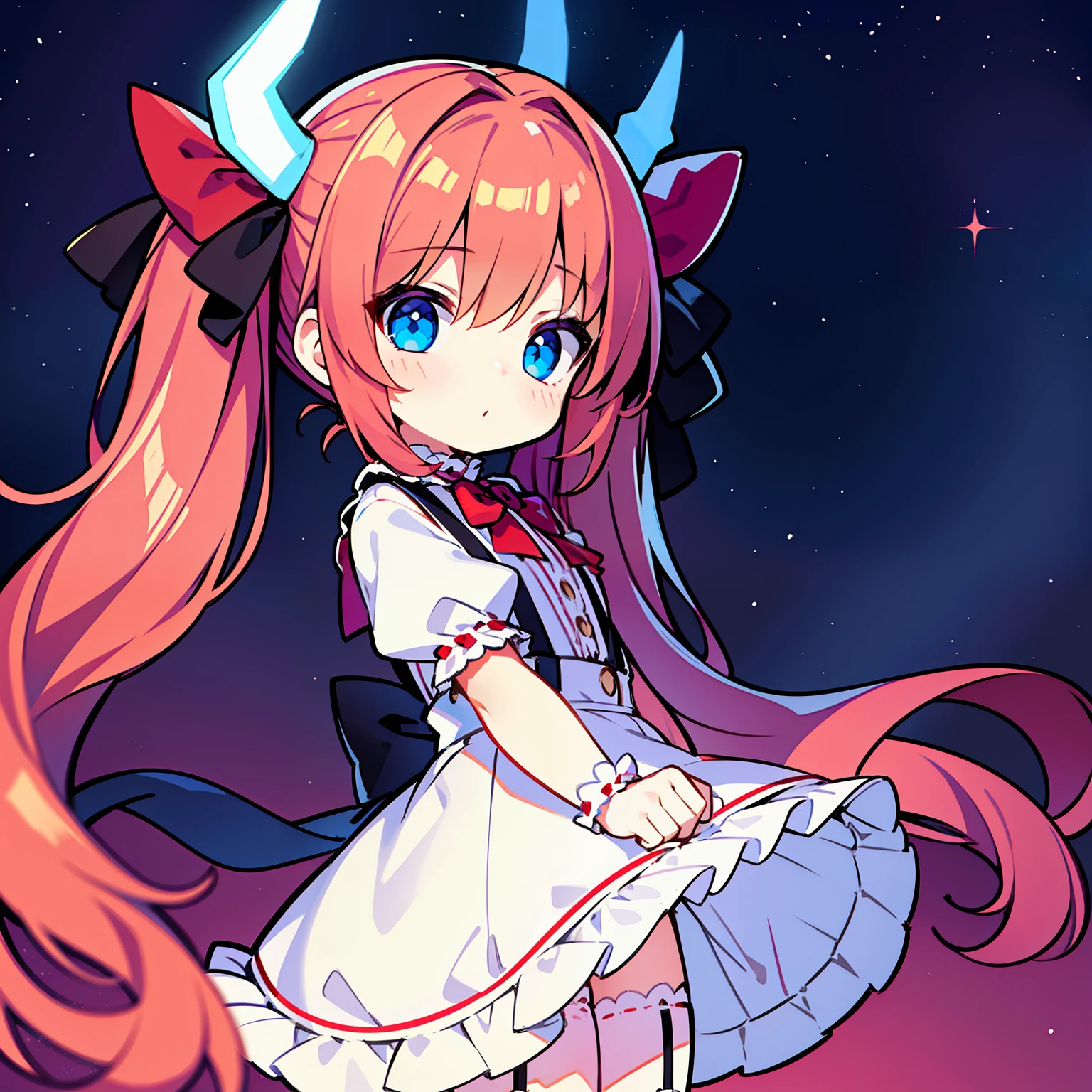 {{best quality}}, {{masterpiece}}, {{ultra-detailed}}, {illustration}, {detailed light}, red hair,blue eyes,twintails,lolita,Suspenders skirt,Fantastic,loli,solo,Dragon horns, girl,long hair