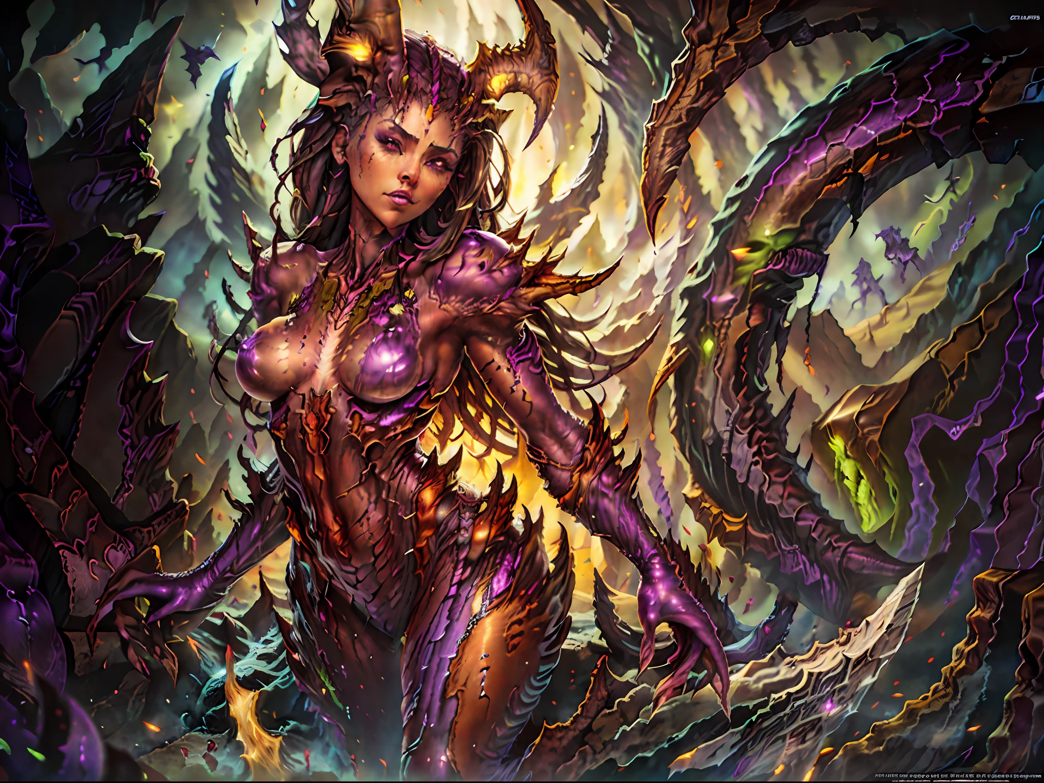 Una mujer con piernas largas y garras parada frente a un fondo azul, fondo oscuro con luces estrelladas, caverna oscura, Personaje del videojuego Starcraft 2, Desde Starcraft, Zerg Starcraft, Diosa oscura con seis brazos, zerg, female alien, La cuarta raza de StarCraft 2, Heroes of the Storm, Arte conceptual de Blizzard, Aracne, Alexstrasza, alien queen, Artgerm extremadamente detallado, Purple-skinned woman in a cave (muy oscura: 1.3), cuerpo completo, alto detalle, foco nítido, realista, pose lasciva, texturas, ultra realista