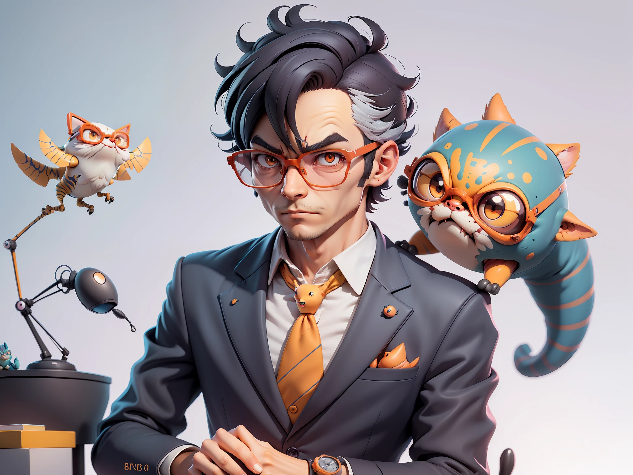 A young man in a suit, Short hair and glasses sat at his desk,holding laptop,digitial painting,tigre,3D character design by Mark Clairen and Pixar and Hayao Miyazaki and Akira Toriyama,4K HD illustration,Very detailed facial features and cartoon-style visuals。