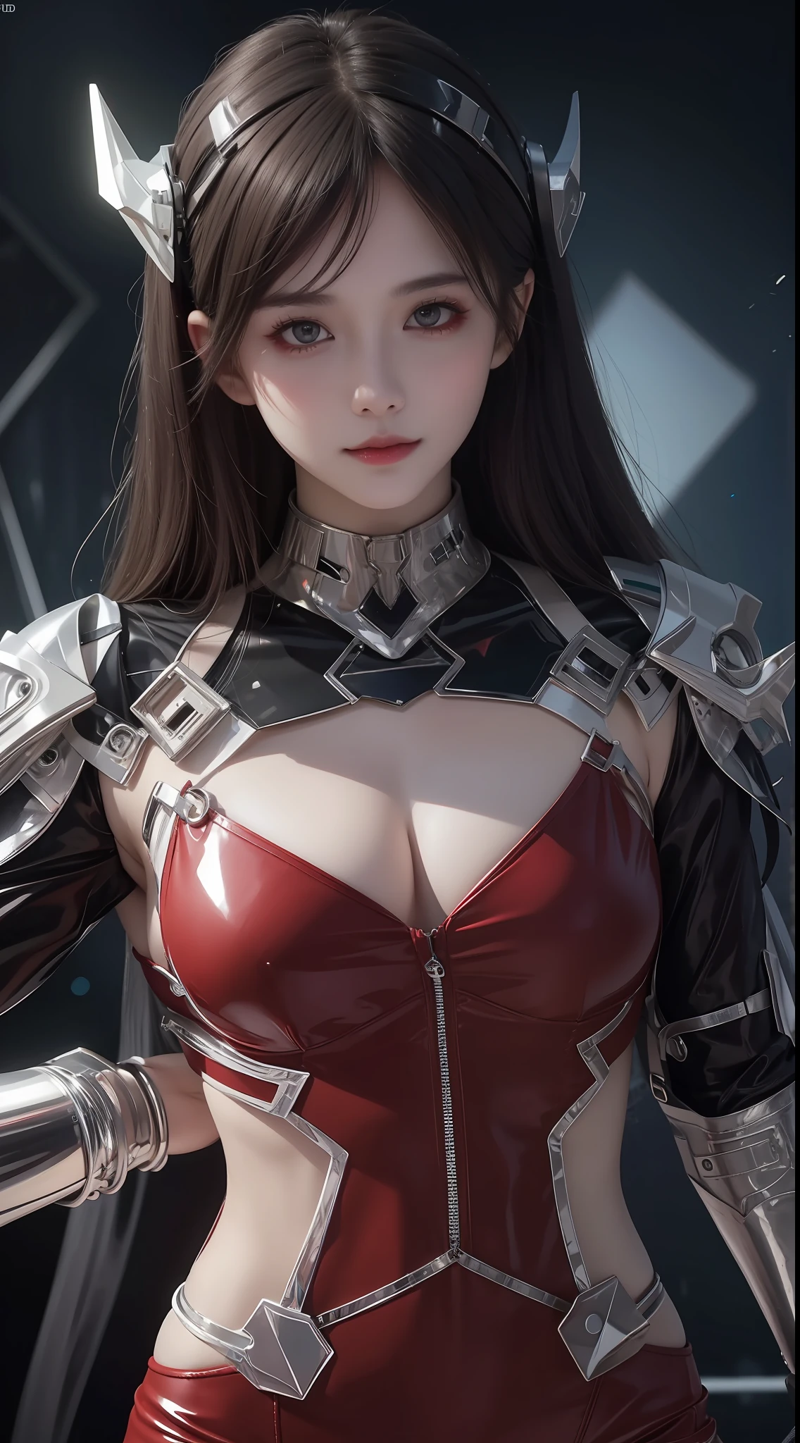 8K uhd, materpiece, a beautiful girl, detaild eye, good face, detaild eyebrow, beautiful outfit, red color outfit, cyberpunk, Cyberspace, shining, diaco lighting, whole body capture,