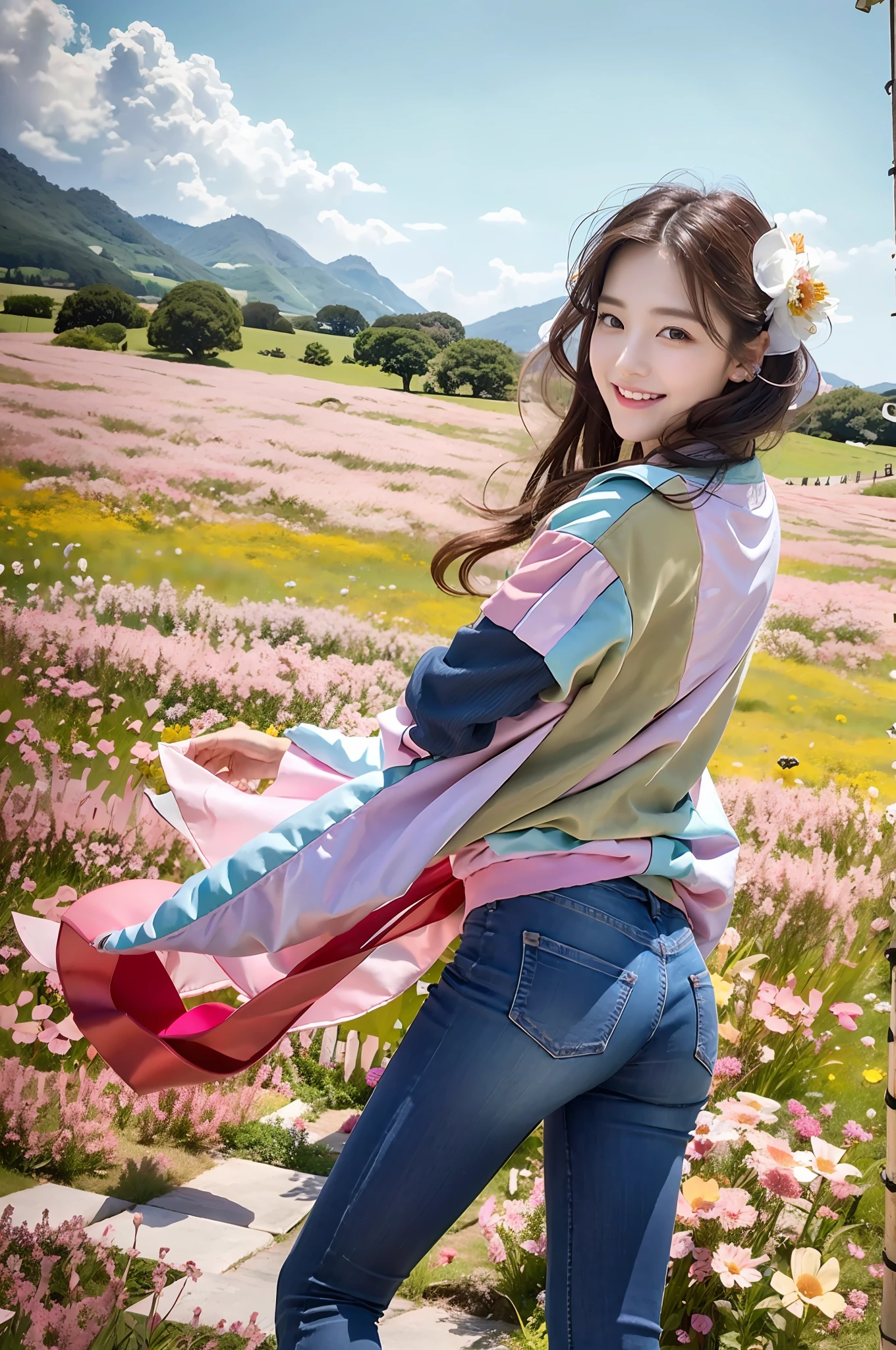 (RAW photogr,超高分辨率,tmasterpiece,best qualtiy:1.4),Complicated details,2 20 year old Korean girl,Wear a stylish t-shirt and stylish micro-flared jeans,Stand on the grass and take pictures,hugs,Intimate relationships,detailed outfits,Detailed meadow,A sweet and healing smile appeared on the little face,The face and skin are pink and fair,Ultra-realistic facial details,Beautiful ribbon hair accessories,Playful and coquettish pose,The calves are straight and slender:1.5,Wear high-end branded colorful travel shoes:1.5,eventide,warm color,Broad lighting,naturalshadow,taken from behind,Beautiful waist and hips,taking a full body photo:1.8