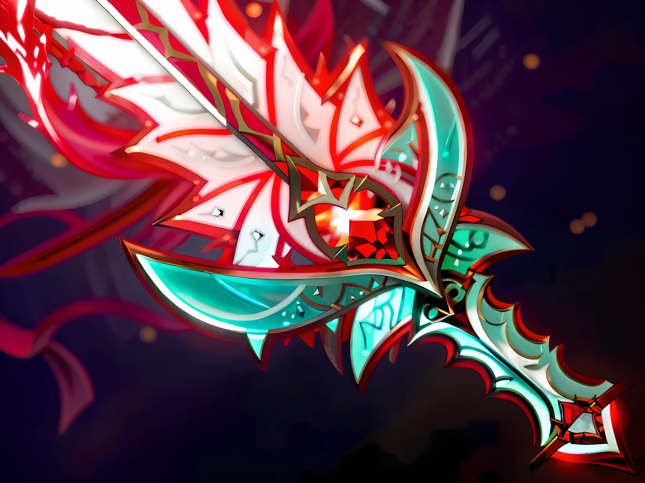 A red sword that emits a white glow,The body of the sword is blood-red and set with rubies,The body of the sword exuded a blood-colored mist, intricate fantasy spear, Glowing sword, Fantasy Blade, glowing green soul blade, style of ghost blade, glowing sword in hand, fantasy sword, war blade weapon, painted in the style arcane,magical sword, fantasy weapon, epic fantasy weapon art, sword design