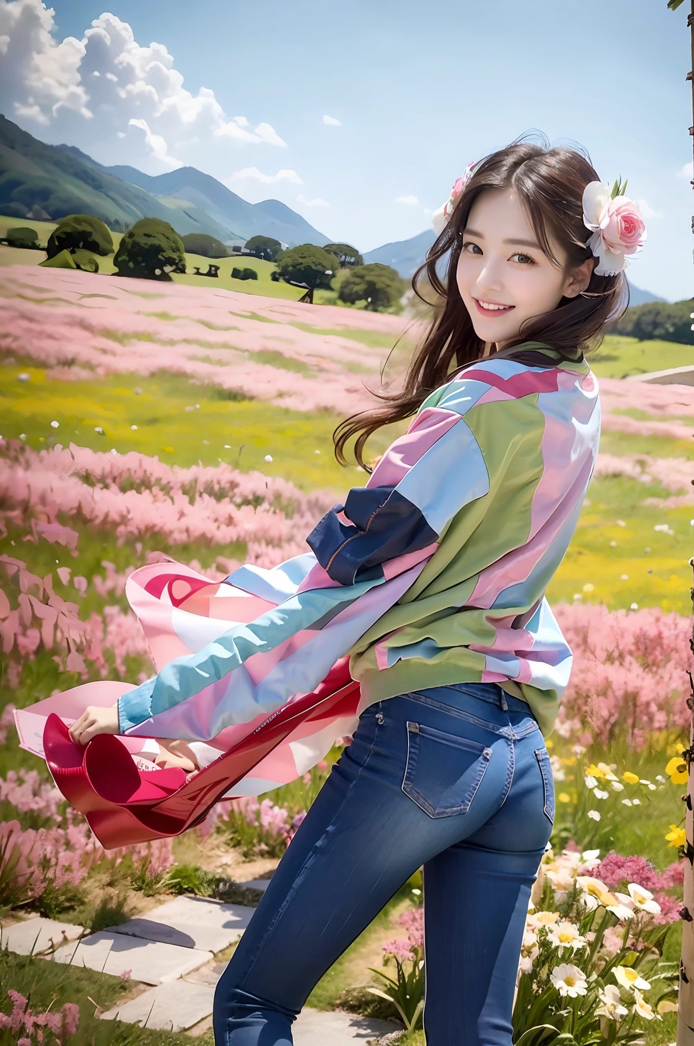 (RAW photogr,超高分辨率,tmasterpiece,best qualtiy:1.4),Complicated details,2 20 year old Korean girl,Wear a stylish t-shirt and stylish micro-flared jeans,Stand on the grass and take pictures,hugs,Intimate relationships,detailed outfits,Detailed meadow,A sweet and healing smile appeared on the little face,The face and skin are pink and fair,Ultra-realistic facial details,Beautiful ribbon hair accessories,Playful and coquettish pose,The calves are straight and slender:1.5,Wear high-end branded colorful travel shoes:1.5,eventide,warm color,Broad lighting,naturalshadow,taken from behind,Beautiful waist and hips,taking a full body photo:1.8