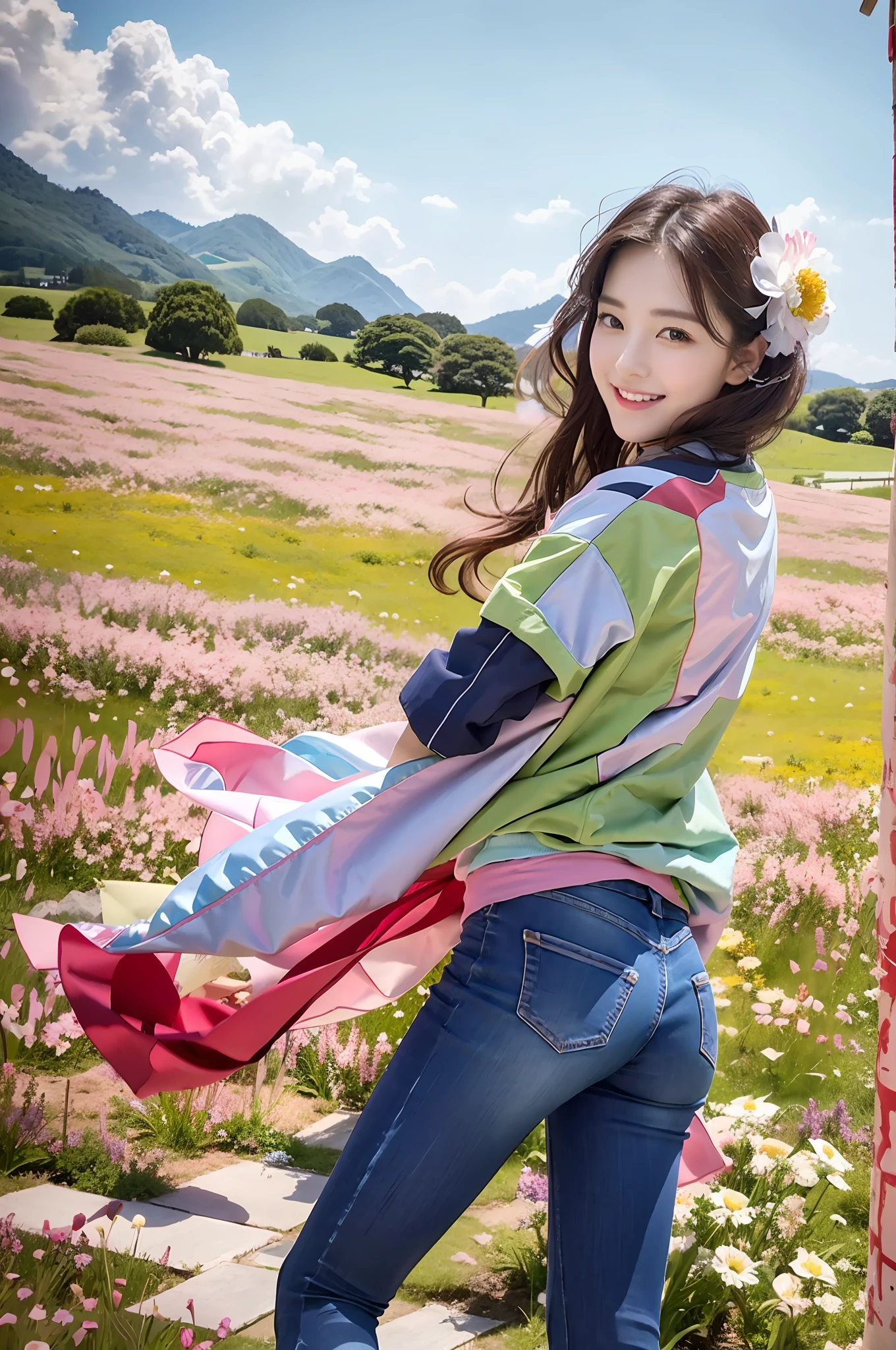 （RAW photogr，超高分辨率，tmasterpiece，best qualtiy：1.4），Complicated details，2 20 year old Korean girl，Wear a stylish t-shirt and stylish micro-flared jeans，Stand on the grass and take pictures，hugs，Intimate relationships，detailed outfits，Detailed meadow，A sweet and healing smile appeared on the little face，The face and skin are pink and fair，Ultra-realistic facial details，Beautiful ribbon hair accessories，Playful and coquettish pose，The calves are straight and slender:1.5，Wear high-end branded colorful travel shoes:1.5，eventide，warm color，Broad lighting，naturalshadow，taken from behind，Beautiful waist and hips，taking a full body photo:1.8