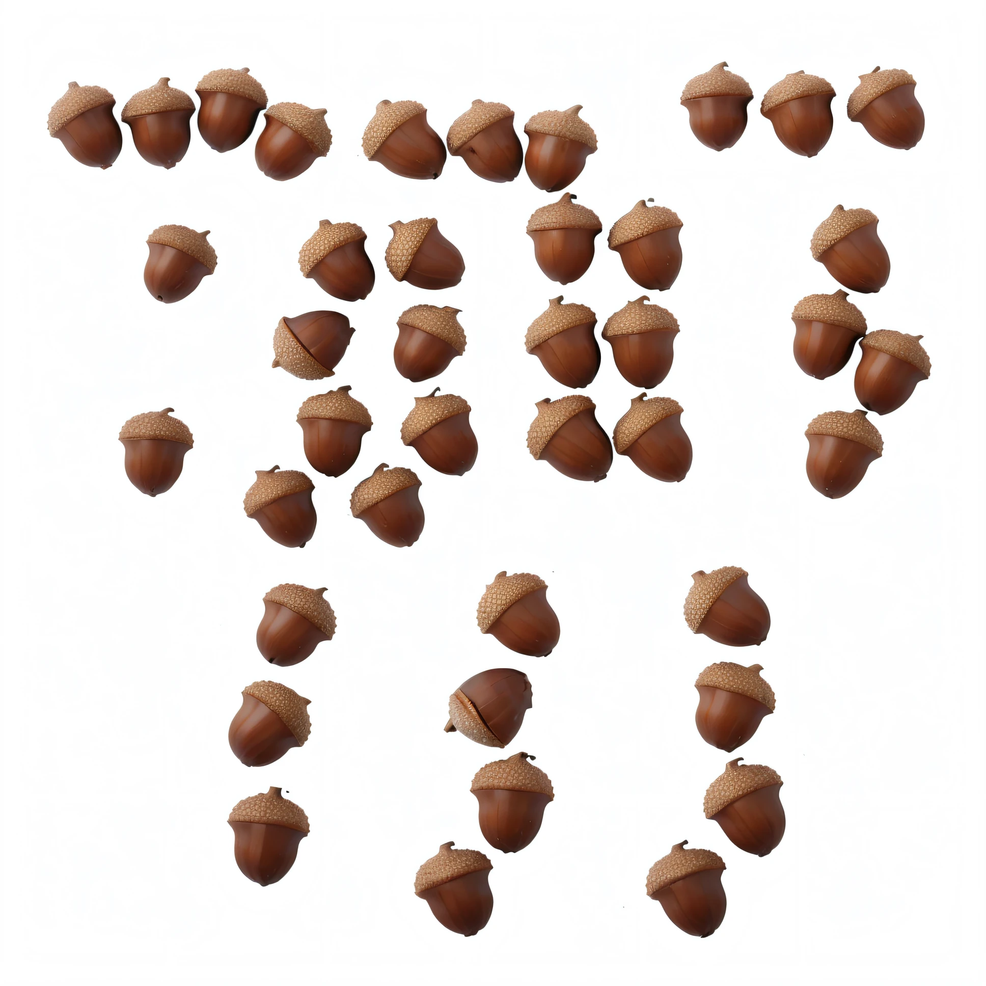 a close-up photo of a group of acorns with a white background, acorns, some oak acorns, oak acorns, nut, life-like, photorealistic, cone heads, isolated on white background, hyperdetailed illustration, digitally painted, a hyper-realistic, nikon d850, film stock photograph,4 kodak portra 400 ,camera f1.6 lens ,rich colors ,hyper realistic ,lifelike texture, dramatic lighting , cinestill 800,