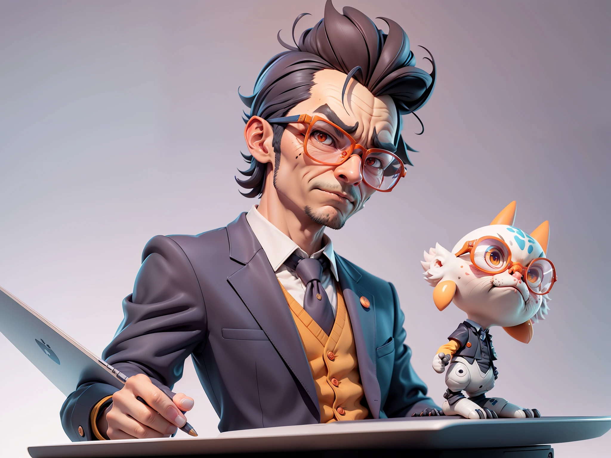 A young man in a suit, Short hair and glasses sat at his desk,holding laptop,digitial painting,tigre,3D character design by Mark Clairen and Pixar and Hayao Miyazaki and Akira Toriyama,4K HD illustration,Very detailed facial features and cartoon-style visuals。