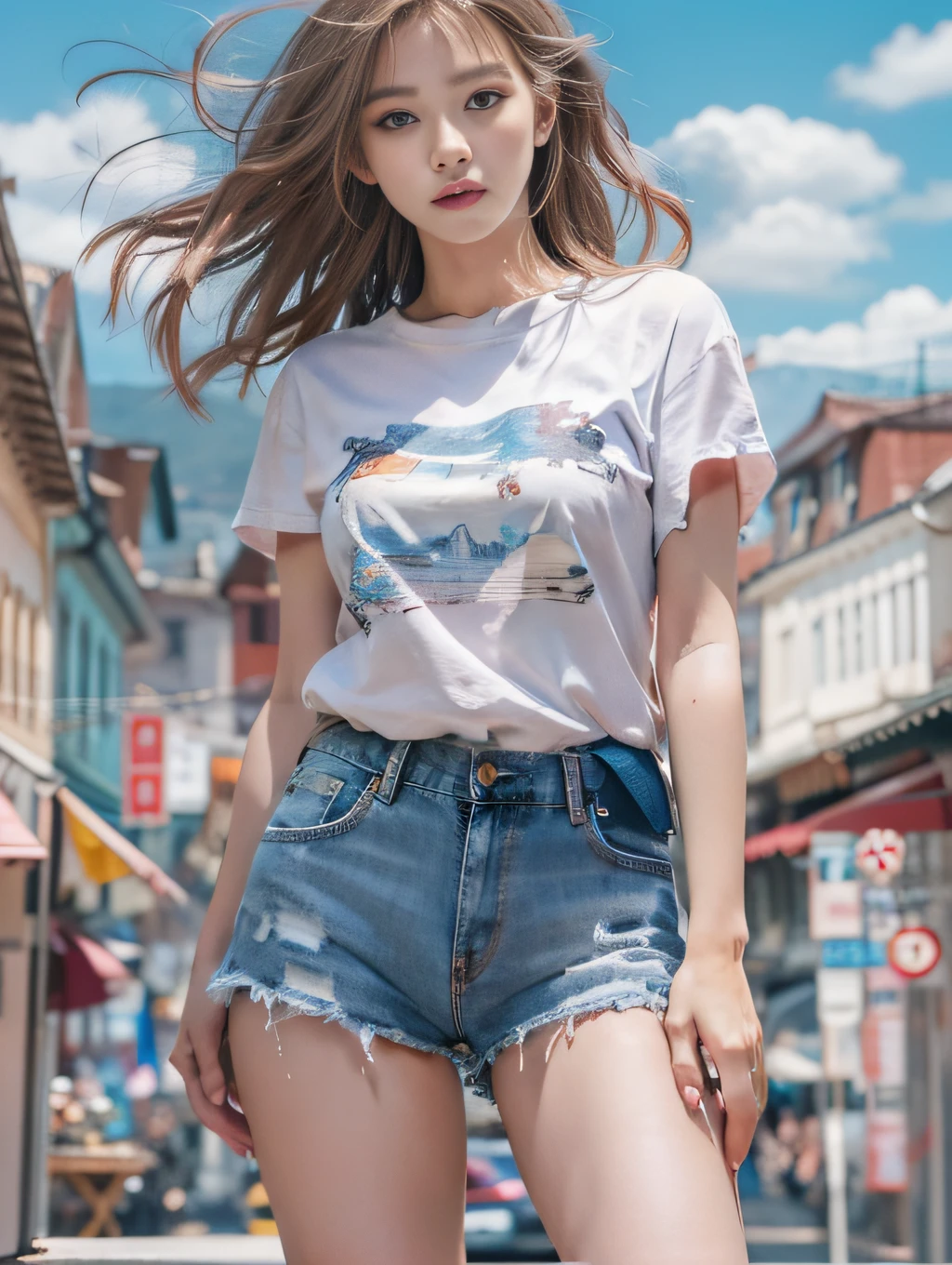 ​masterpiece、High-quality viewers、One beautiful model of JPNIODL、beautiful brown hair、A detailed eye、Performance T-shirt、denim short pants、Cityscape with blue sky and white clouds、8K High Resolution、Momentary Pose、细致背景、 Tindall Effect、light scattering、Light refraction、Drawing with enhanced hair details、A detailed face、more hair、Detailed nose、Detailed mouth、Detailed body、stares at the camera、model poses、Paint with added hair details