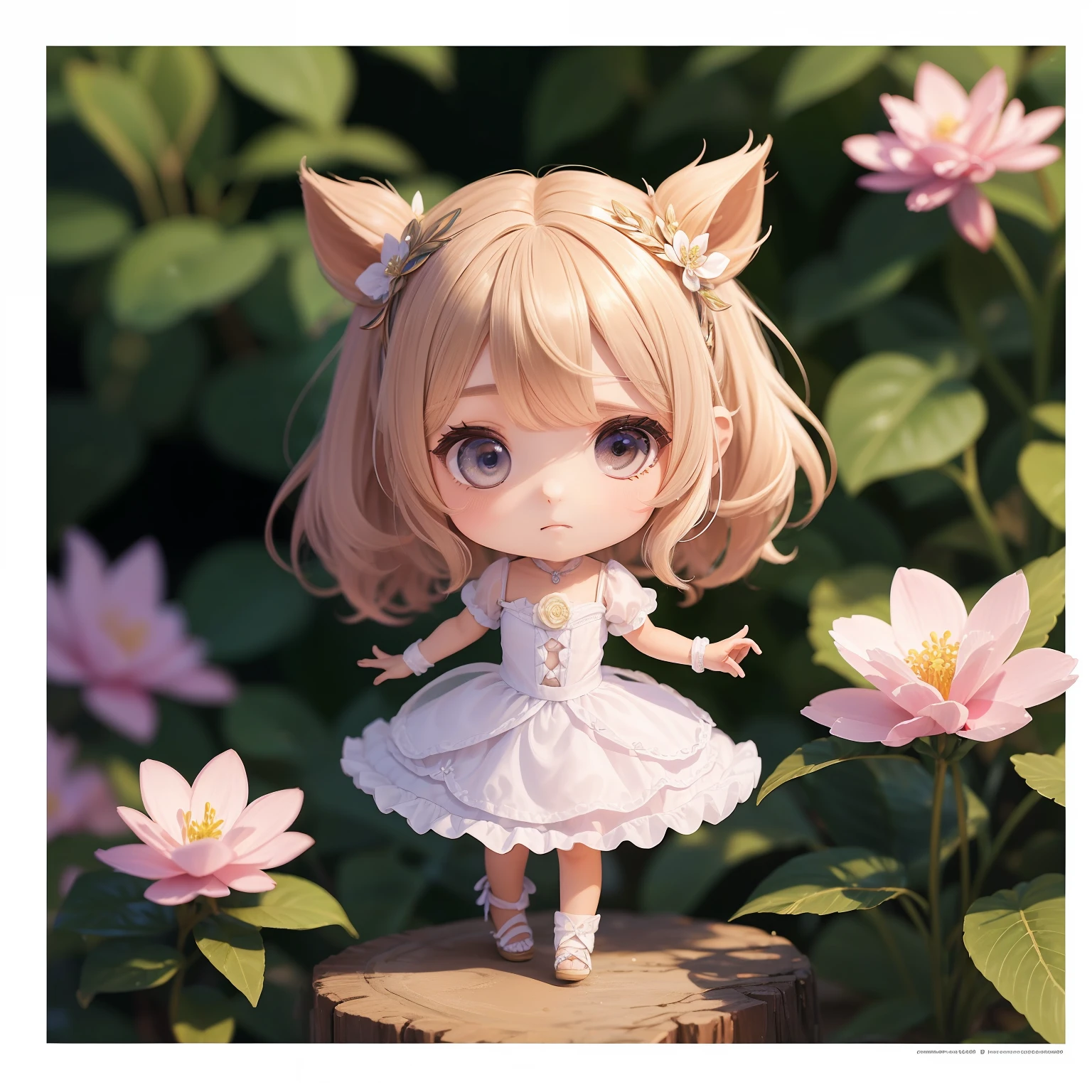 (melhor qualidade, obra-prima), 1girl pequena chibi, jardim, purpurina, vestido, Particle, vento, flor, parte superior do corpo, fundo escuro simples, olhando para o espectador, loira, --auto --s2