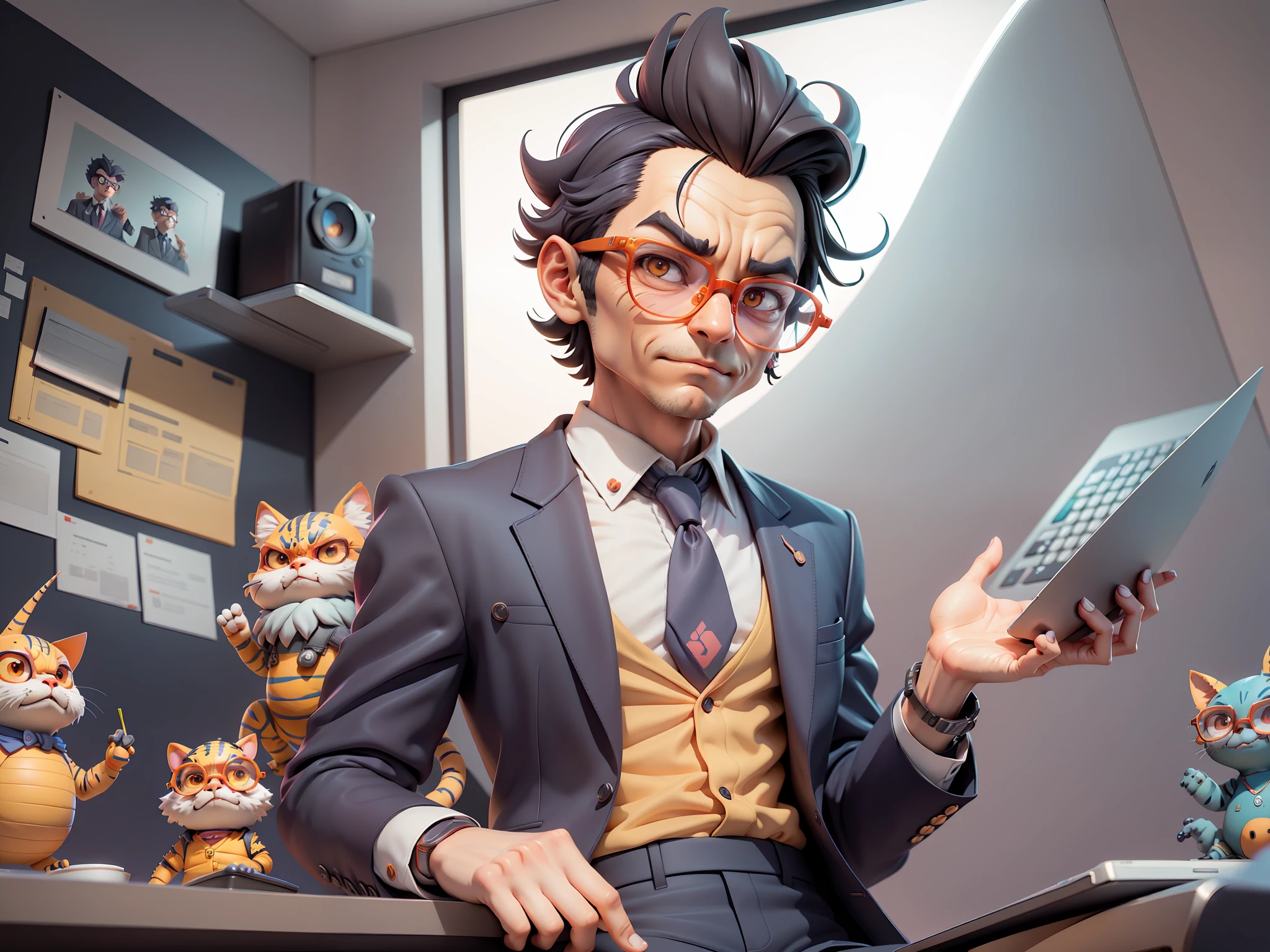 A young man in a suit, Short hair and glasses sat at his desk，holding laptop，digitial painting，tigre，3D character design by Mark Clairen and Pixar and Hayao Miyazaki and Akira Toriyama，4K HD illustration，Very detailed facial features and cartoon-style visuals。