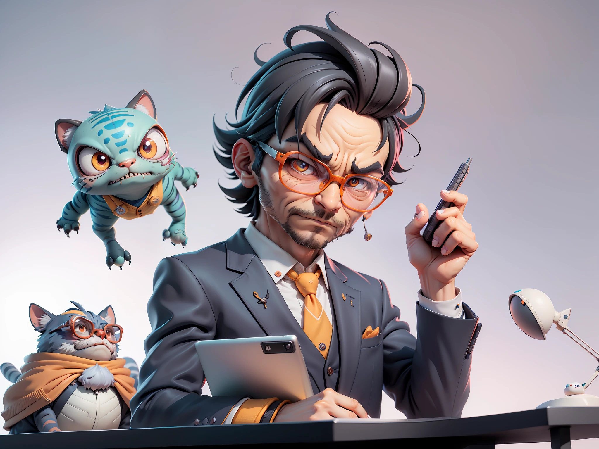 A young man in a suit, Short hair and glasses sat at his desk,holding laptop,digitial painting,tigre,3D character design by Mark Clairen and Pixar and Hayao Miyazaki and Akira Toriyama,4K HD illustration,Very detailed facial features and cartoon-style visuals。