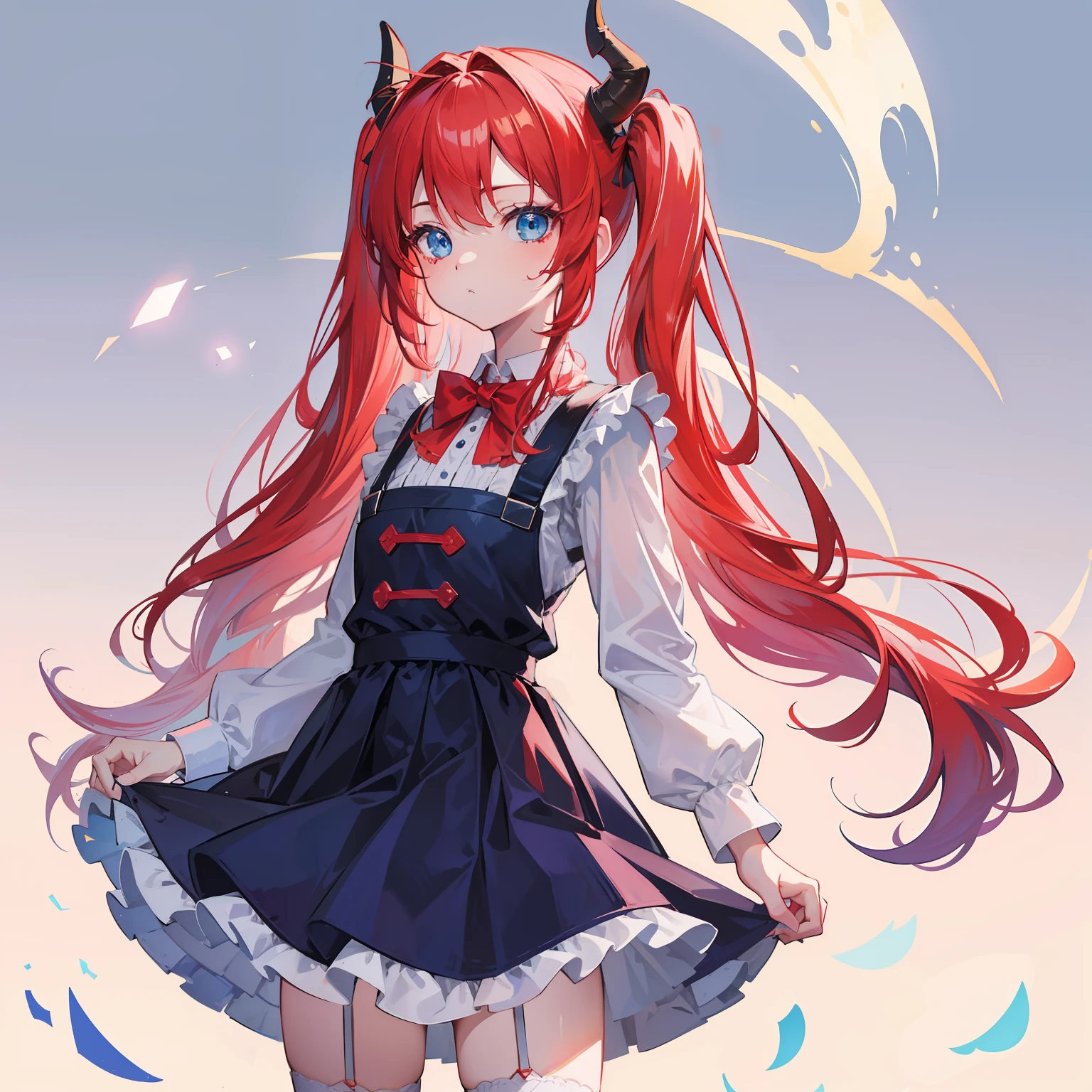 {{best quality}}, {{masterpiece}}, {{ultra-detailed}}, {illustration}, {detailed light}, red hair,blue eyes,twintails,lolita,Suspenders skirt,Fantastic,loli,solo,Dragon horns, girl,long hair