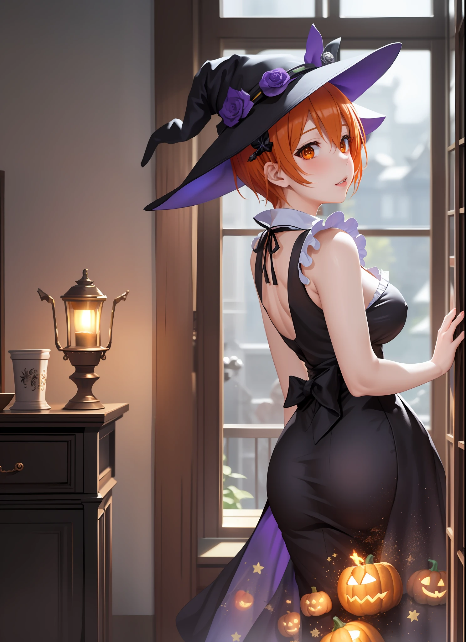 (masterpiece), (best quality), 8k resolution, Hoshizora rin, solo, orange hair, sexy, sexy maid dress, witch, front light, cinematic light, cold light, dark background, witch hat, indoor, mystery, fantasy, pumkin, moist skin,(lips:0.6), from behind