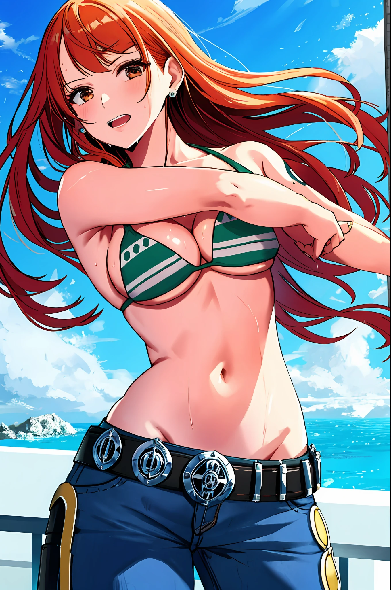 detailed background, masterpiece, 4k, best quality, late youth, adult, wrestler body, 1girl, active, energic, uppercut, (large mouth) , solo, nami \(one piece\), 1girl, bangle, (very wet, drenched in sweat, sweat all over body, very wet hair, tired, taking breath, open mouth, hand on stomach, sweaty face, sweaty body, huffing, sweating too much, shiny sweat), perfect detailed face, bold drawing lines, muscular arms, detailed bold arm lines, flat jaw, adult woman, wavy wide streaked bangs, floating bang streaks, (big cheeks), bare shoulders, off-shoulders, belt, bikini, bikini top only, blue sky, bracelet, springy breasts, breast lines, big round eyes, plain big brown shiny eyes, bubbles, high eye position, cleavage, cloud, day, denim, earrings, floating hair, shiny hair, green belt, green bikini, bold groin lines, jeans, jewelry, large breasts, log pose, long hair, looking at viewer, navel, wet hair, orange hair, pants, shoulder tattoo, sidelocks, sky, solo, standing, stomach, swimsuit, tattoo , looking at viewer, open mouth, detailed left arm, big forehead, hourglass figure, small head, toned body, wide hair, wind effect, sun effect, under the sun, narrow small ears angle, older, random poses,