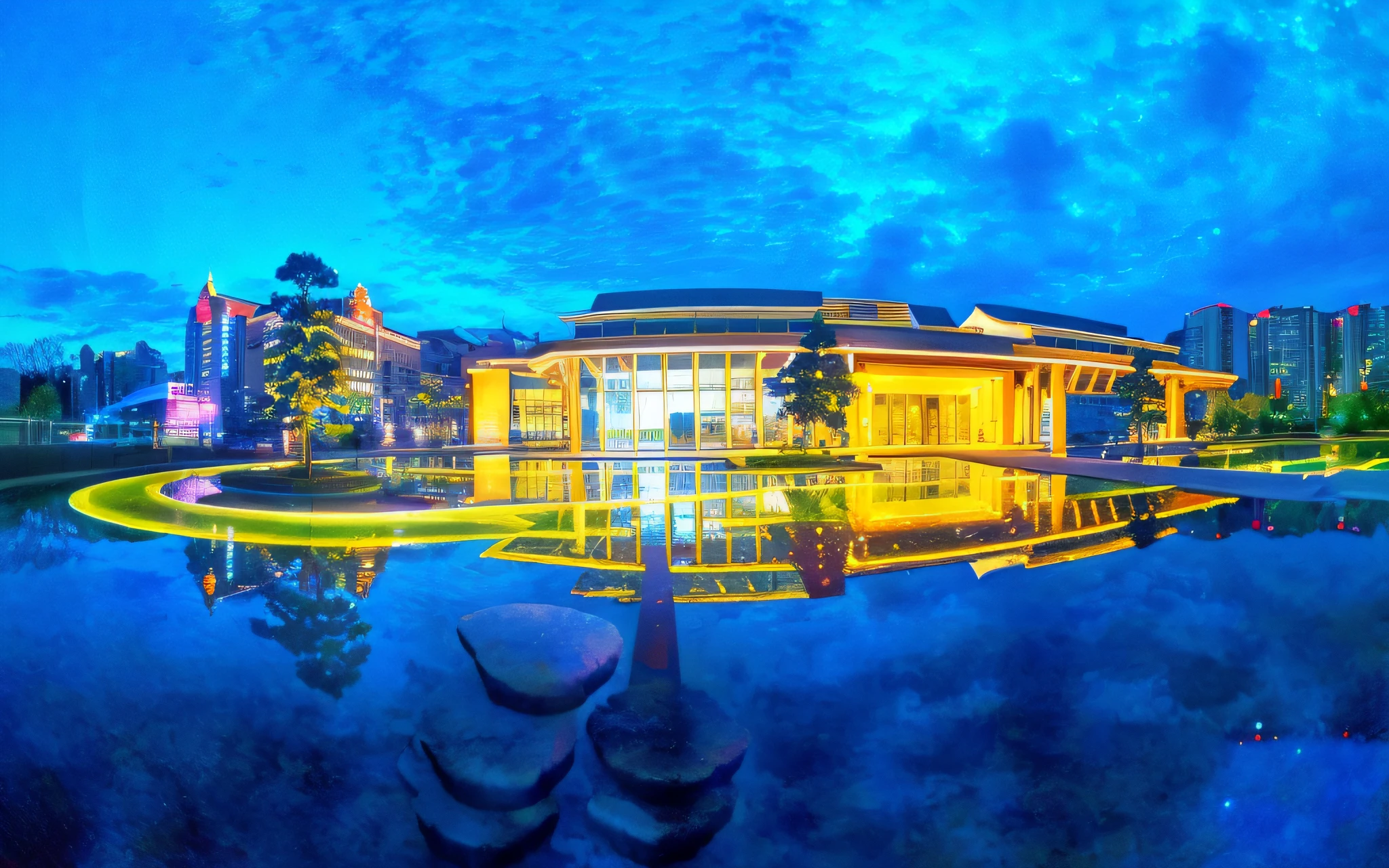 Brightly lit building reflected in the pool at night, wide angles + Masterpiece, magnificent super wide angle, full - view, big breasts enchanting, marvellous reflection of the sky, HDR photo, photography shot at blue hour, wide angle shot 4 k hdr, Reflection, hdr shot, blue hour photography, Highly detailed HDR, Wide-angle ultra - vivid, wonderful masterpiece, ultra-wide-angle