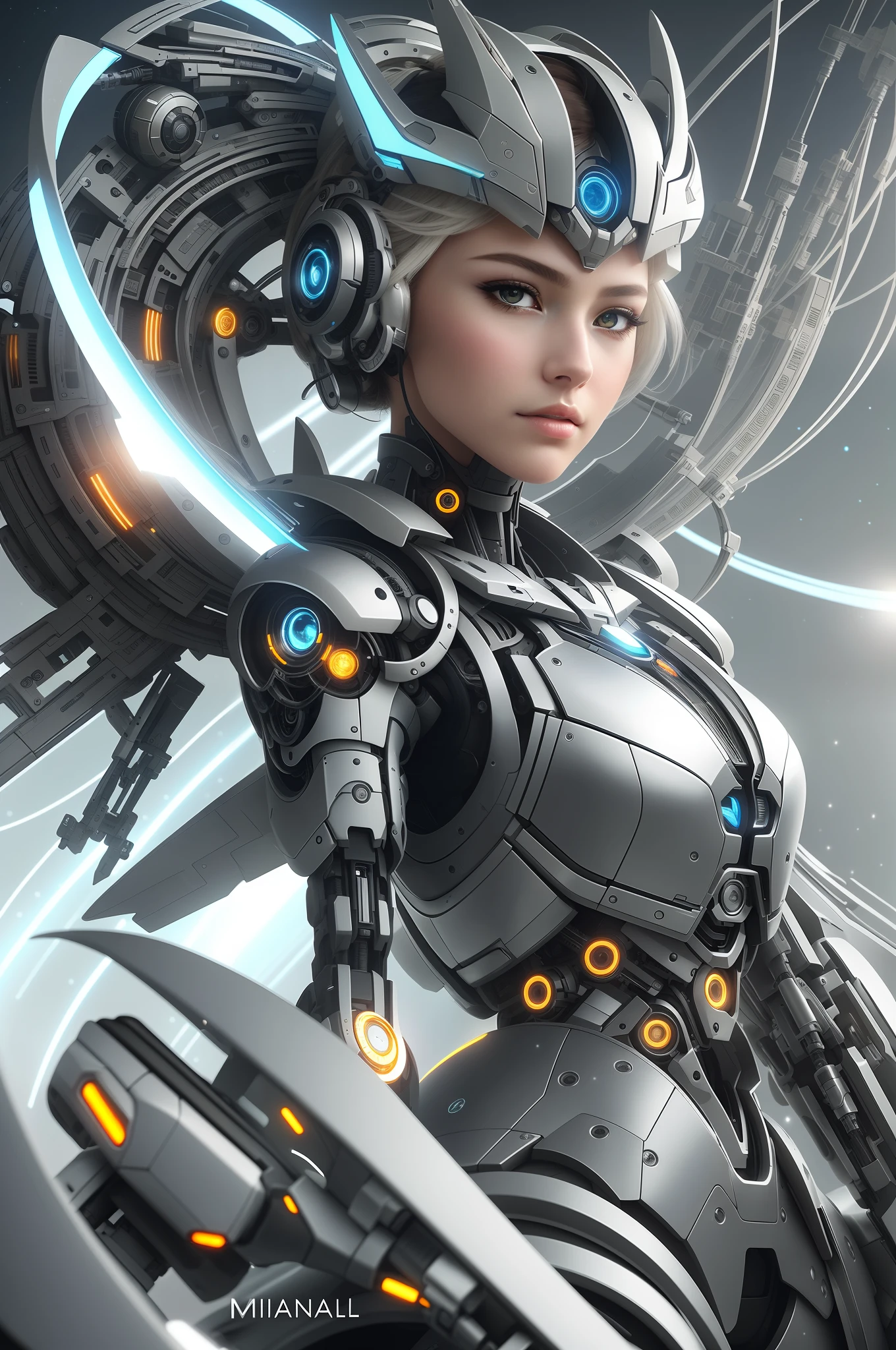 Close-up of a mechanized Valkyrie girl，Futuristic mechanical girl with head and body，taken from behind，Detailed 4K digital artwork，beautiful cyborg angel girl，Very detailed cyborg white girl，Perfect detailed face, Delicately symmetrical black eyes with round iris，The perfect fusion of mechanical aesthetics and human beauty，Mysterious and solemn priestess，Portrait of the majestic cyborg queen，Stunning anime cyborg female image，Futuristic style robot angel，Stunning digital artwork。