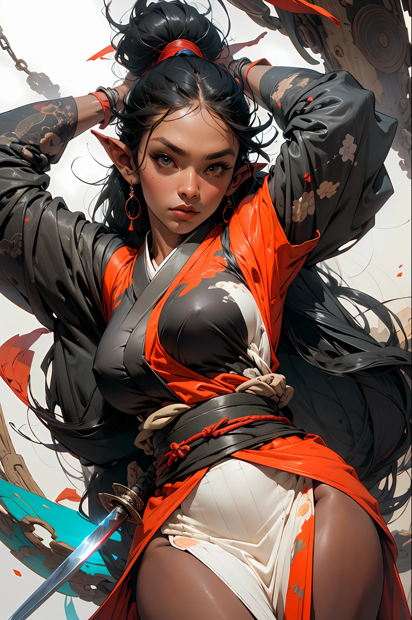 Best quality,masterpiece,ultra high res,(photorealistic:1.4)1girl,weapon,sword,long hair,black hair,ponytail,pointy ears,dark skin,large breasts,white background,solo,blood,arm guards,night desert background,blood on weapon,looking at viewer,blue eyes,tabi,floating hairfull body,red, orange, yellow, upper body, uchikake (wedding kimono),arms up,