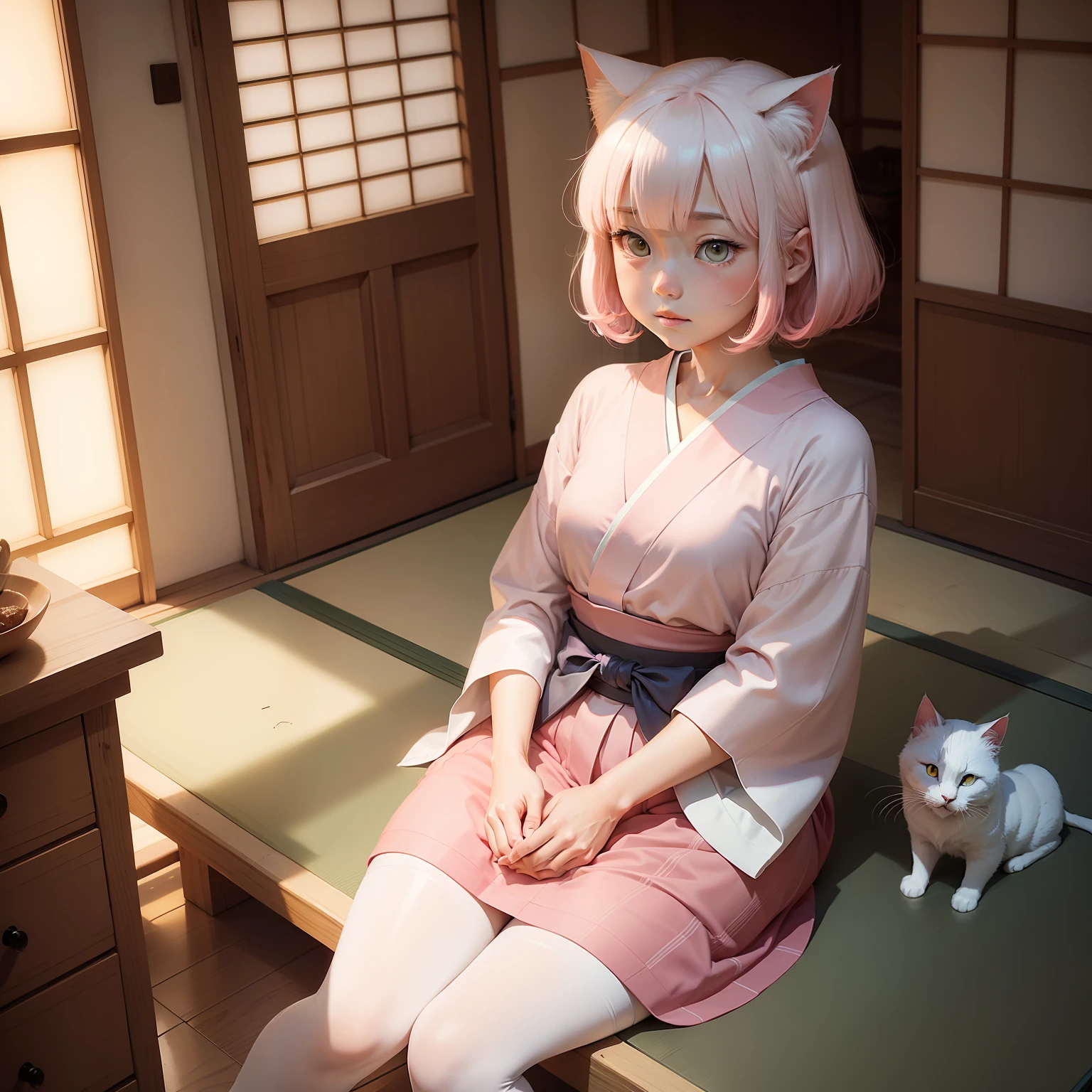morningglow，Hopeful，japanese manga，in style of hayao miyazaki，White pink tone，A cute noble cat