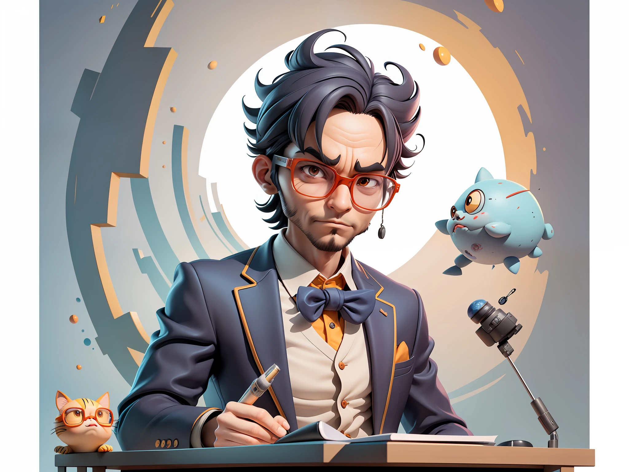 A young man in a suit, Short hair and glasses sat at his desk，holding laptop，digitial painting，tigre，3D character design by Mark Clairen and Pixar and Hayao Miyazaki and Akira Toriyama，4K HD illustration，Very detailed facial features and cartoon-style visuals。