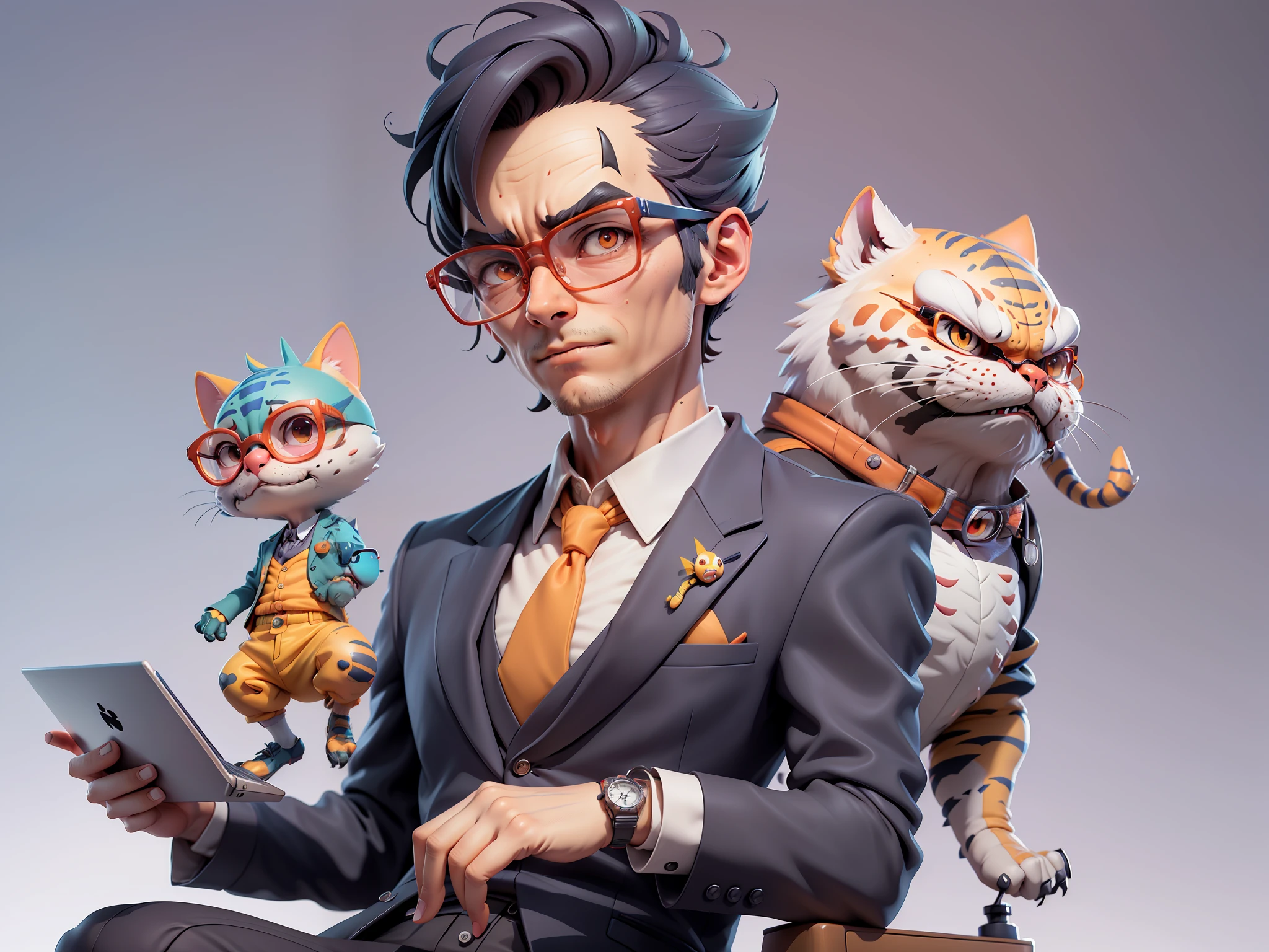 A young man in a suit, Short hair and glasses sat at his desk，holding laptop，digitial painting，tigre，3D character design by Mark Clairen and Pixar and Hayao Miyazaki and Akira Toriyama，4K HD illustration，Very detailed facial features and cartoon-style visuals。