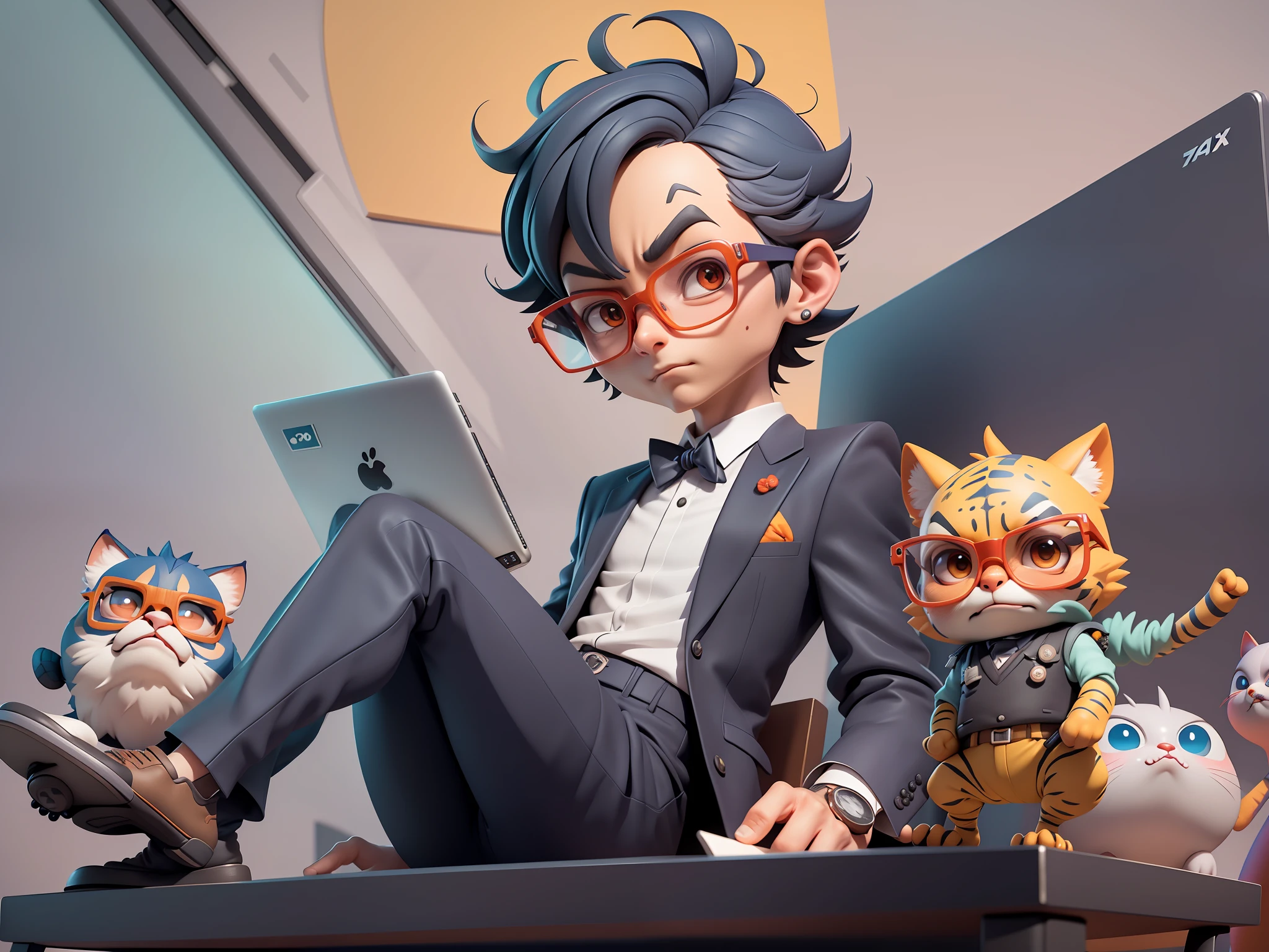 A young man in a suit, Short hair and glasses sat at his desk,holding laptop,digitial painting,tigre,3D character design by Mark Clairen and Pixar and Hayao Miyazaki and Akira Toriyama,4K HD illustration,Very detailed facial features and cartoon-style visuals。