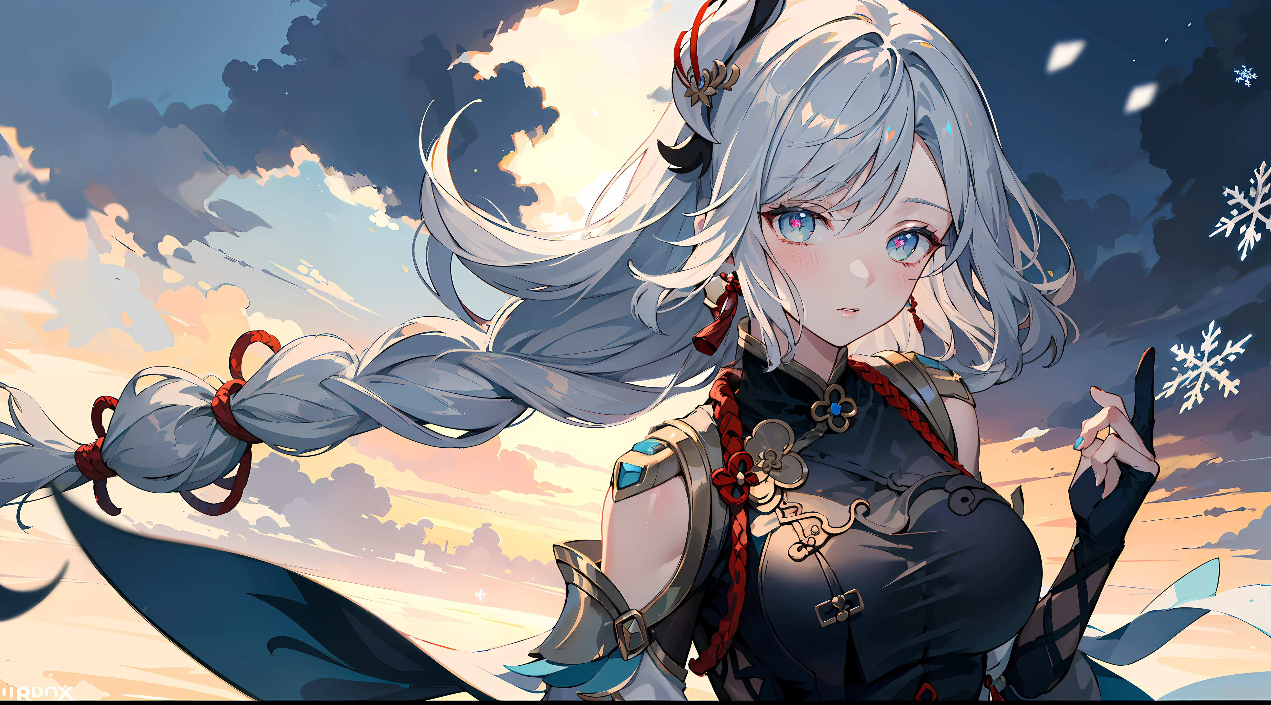 shenhedef, upper body, seductive look, blush, outdoors, snowflake scenery, looking at viewer, cloudy, moody lighting, (perfect detail eyes:1.2), glowing eyes, (long hair one braid:1.2), elemental skill effect, (Masterpiece, Best Quality, High Quality:1.4), professional artwork, Intricate Details, field of view, sharp focus, detailed painting, photorealistic lighting, trending on pixiv, (vivid lighting, vibrant colors:1.05), realistic shadows, ambient occlusion, (athletic body:1.3), mature woman, 30yo,