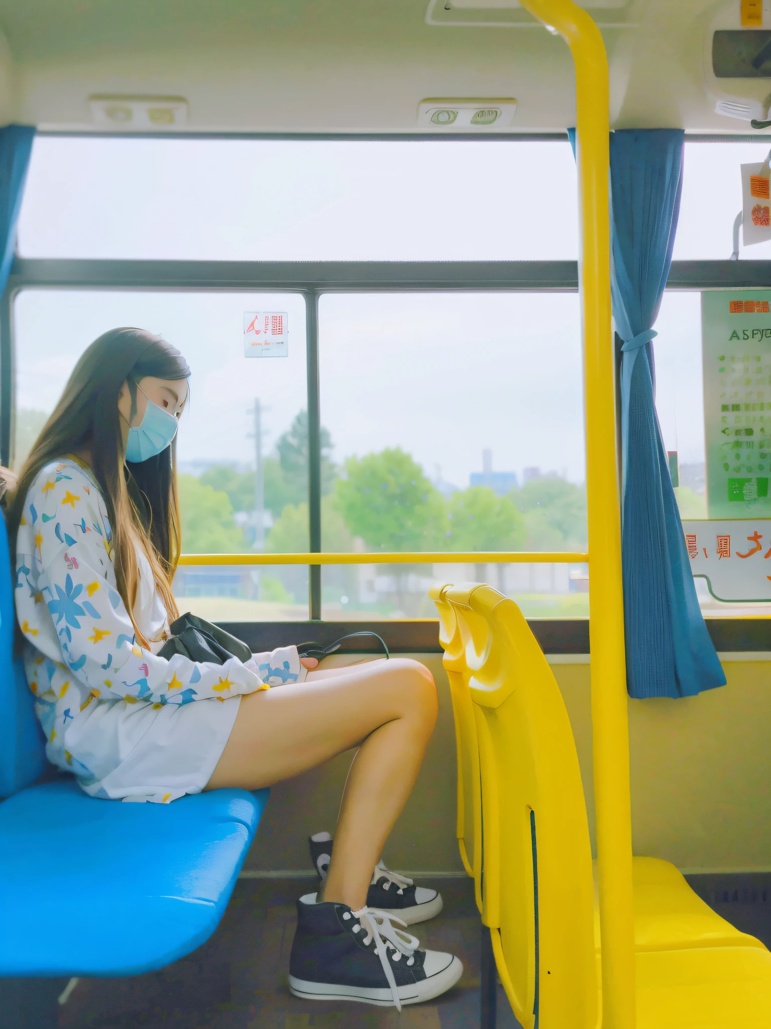 Alafi sits on a bus wearing a mask，Anime style mixed with Fujifilm，lofi girl aesthetic，Li Zixin，public bus，xue han，wearing transparent glass mask，Taken in 2020，lofi-girl，wenfei ye，beautiful lonely girl，with yellow cloths，Eat Zhuoxin，portrait shooting，wei wang。