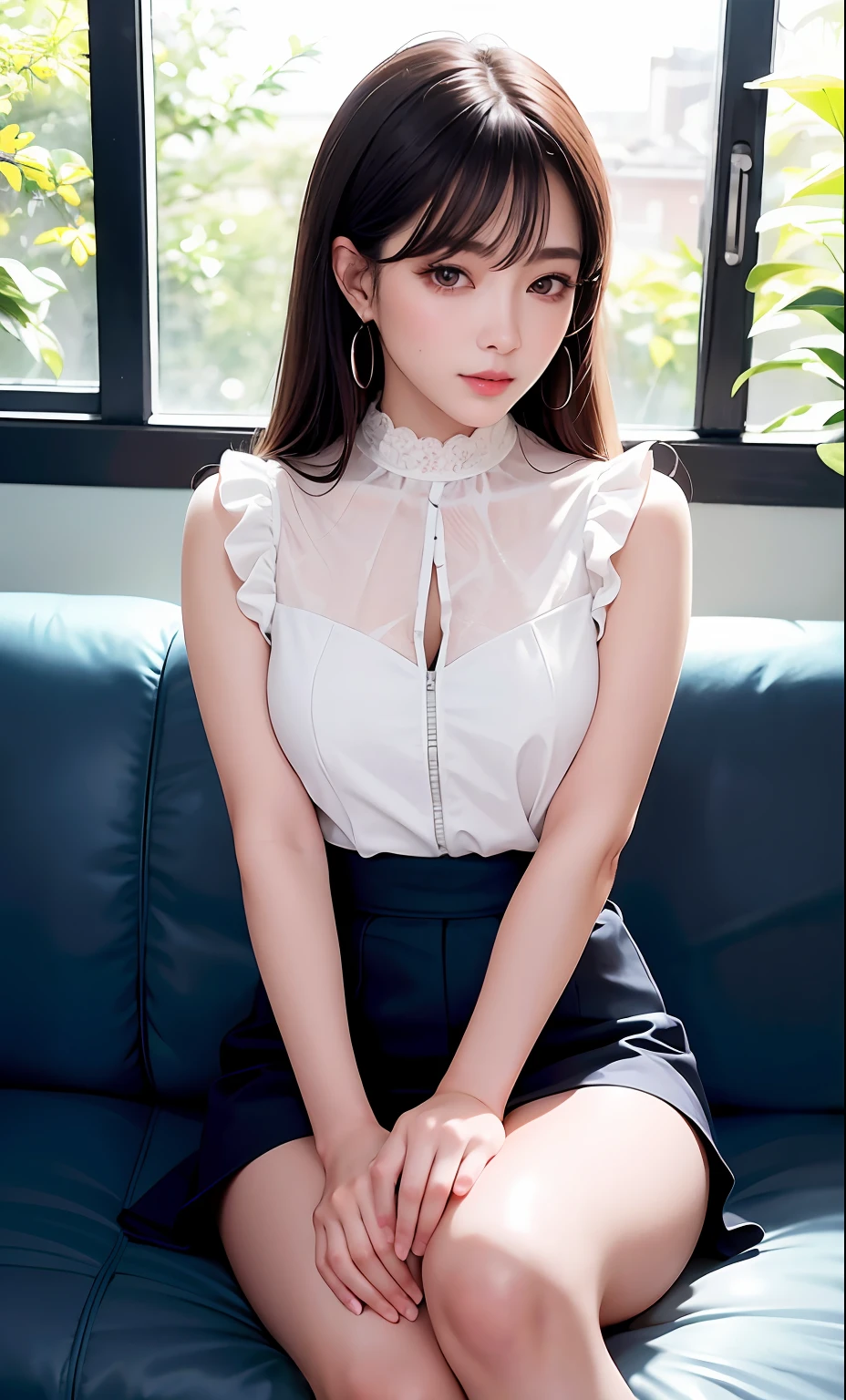 (8K、RAW Photos、Photorealsitic:1.25)、(lipgloss、Eye lashes、Shiny face、shinny skin、best qualtiy、超A high resolution、depth of fields、chromatic abberation、Caustics、Wide range of lighting、Natural Shading、Kpop Idle) The viewer looks calm and goddess-like with a sense of happiness、fully body photo、sitting on、
