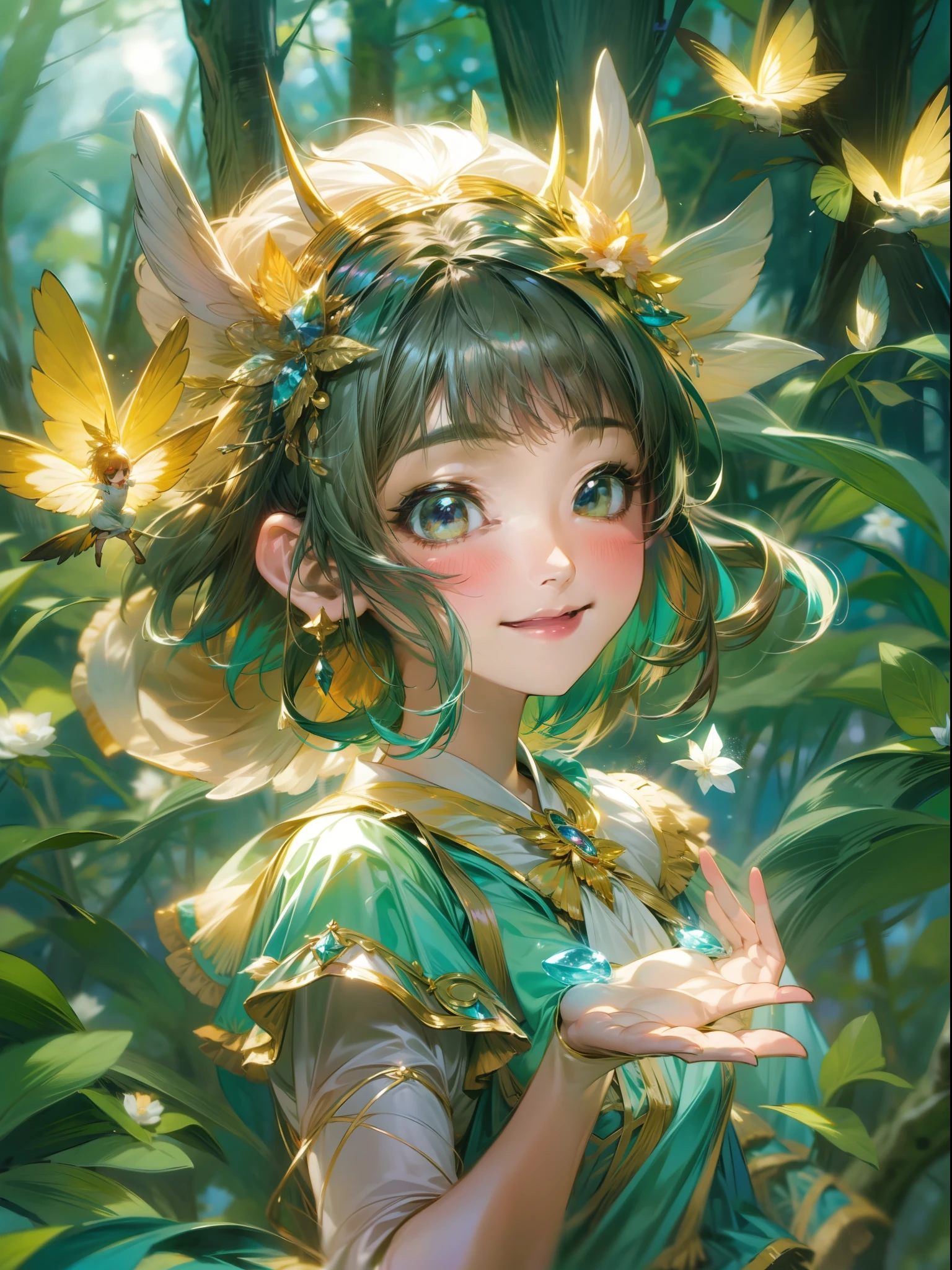 8K、Illustration of a short bob fairy in the Magical Forest drawn in ultra-high definition detail。She wears a cute feather robe.、It is a fairy that brightly illuminates the enchanted forest。It is characterized by her graceful and energetic figure。

The background is a magical forest、colorful flower々Yagi々is depicted。She dances lightly in the forest、combines elegance and cheerfulness。

The pose is a figure dancing lightly、Flowers with magical powers々is shining。Her bright smile and graceful movements express her brightness as a fairy。

The costume is based on a cute feather robe.、You can feel the cuteness that is perfect for the enchanted forest。It is depicted lighting up the forest with her fairy magic。

Color envelops her with a magical glow、The brightness of the forest spreads throughout the illustration。Her short bob hair is swaying lightly。

Effects depict magical glows and lights、Her fairy magic is expressed。pure、The brightness of the forest and her cheerful figure color the entire illustration。

Background effect depicts a bright scene of the enchanted forest、Her brightness as a fairy is emphasized。Her light dance and magical glow depict the appearance of a fairy in the Enchanted Forest。