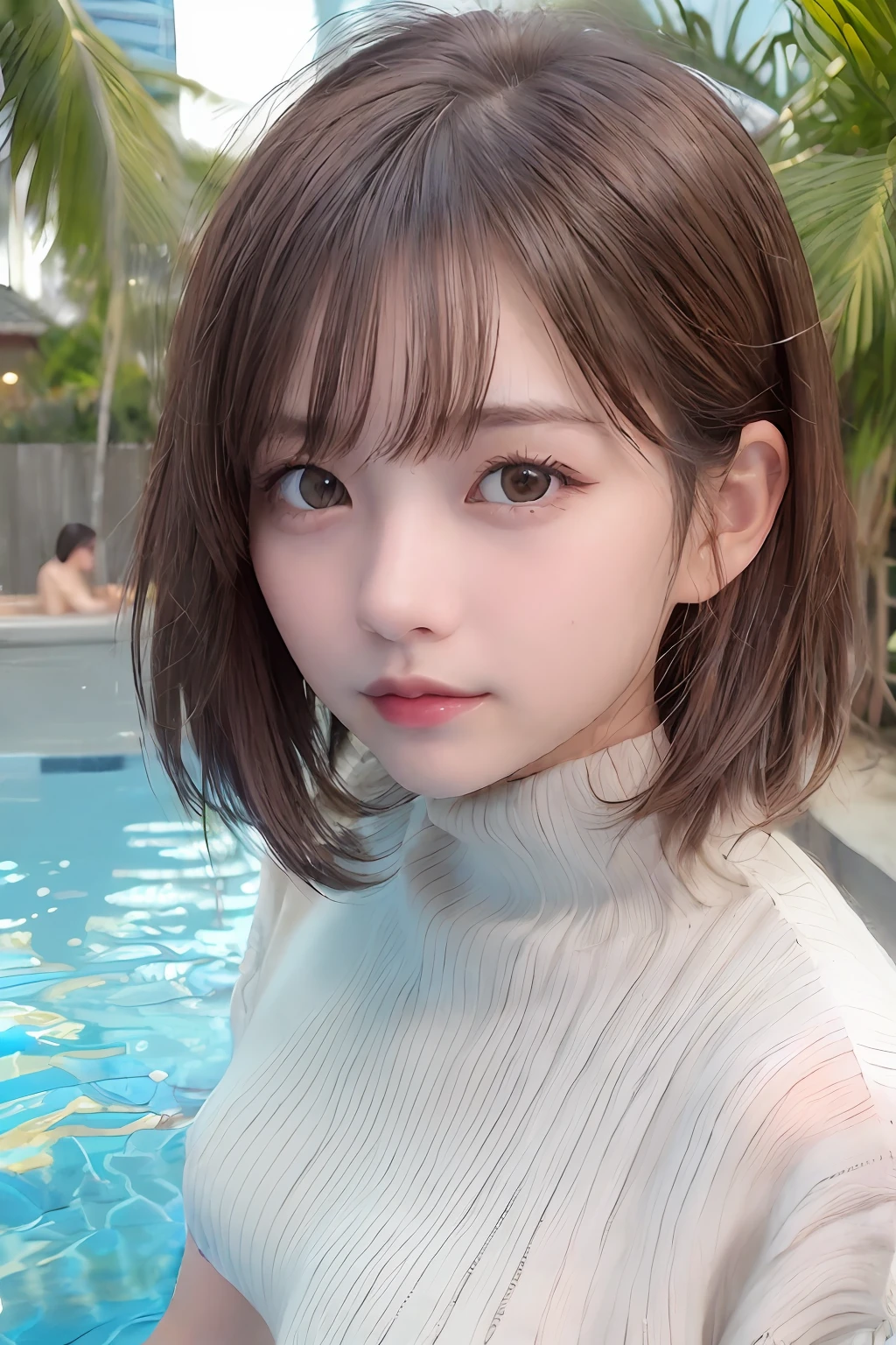 pureerosface_v1、top-quality、Photorealsitic、8K、hight resolution、1girl in、femele、(Skindentation)、(portlate:0.6)、a gorgeous、dynamicposes、((Poolside background:1.6))、coconut tree、((Medium-sized round-breasted、White High Neck Sweater:1.4))、straight look at viewer:1.8、(1 Girl's eyes looking at the viewer、medium lenght hair、brown haired、partedbangs:1.65)、(bokeh dof)、a smile:1.2、(Keep your mouth shut:1.16)、fullnude