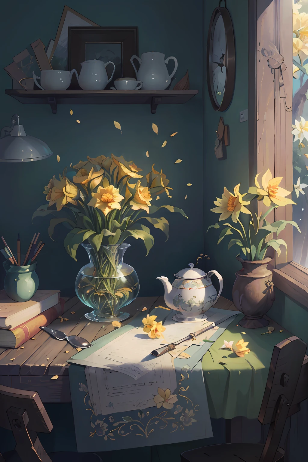 Original,(illustratio:1.1),(best qualtiy),(tmasterpiece:1.1),(the Extremely Detailed CG Unity 8K Wallpapers),(a color:1.2),daffodil,Daffodil petals,scenecy,rios|Wagas,