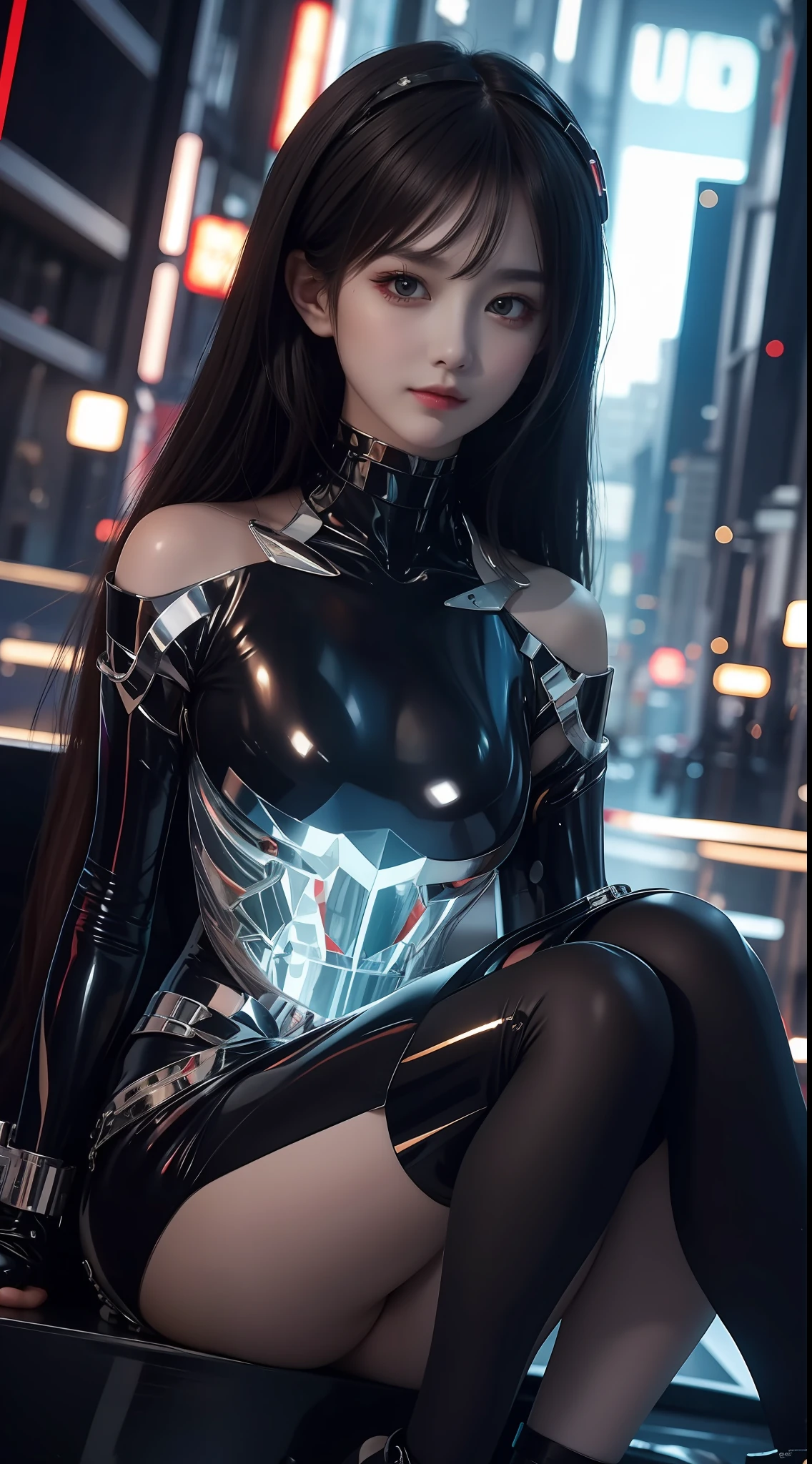 8K uhd, materpiece, a beautiful girl, detaild eye, good face, detaild eyebrow, beautiful outfit, black color outfit, cyberpunk, Cyberspace, shining, many color of lighting, sitting, whole body capture,