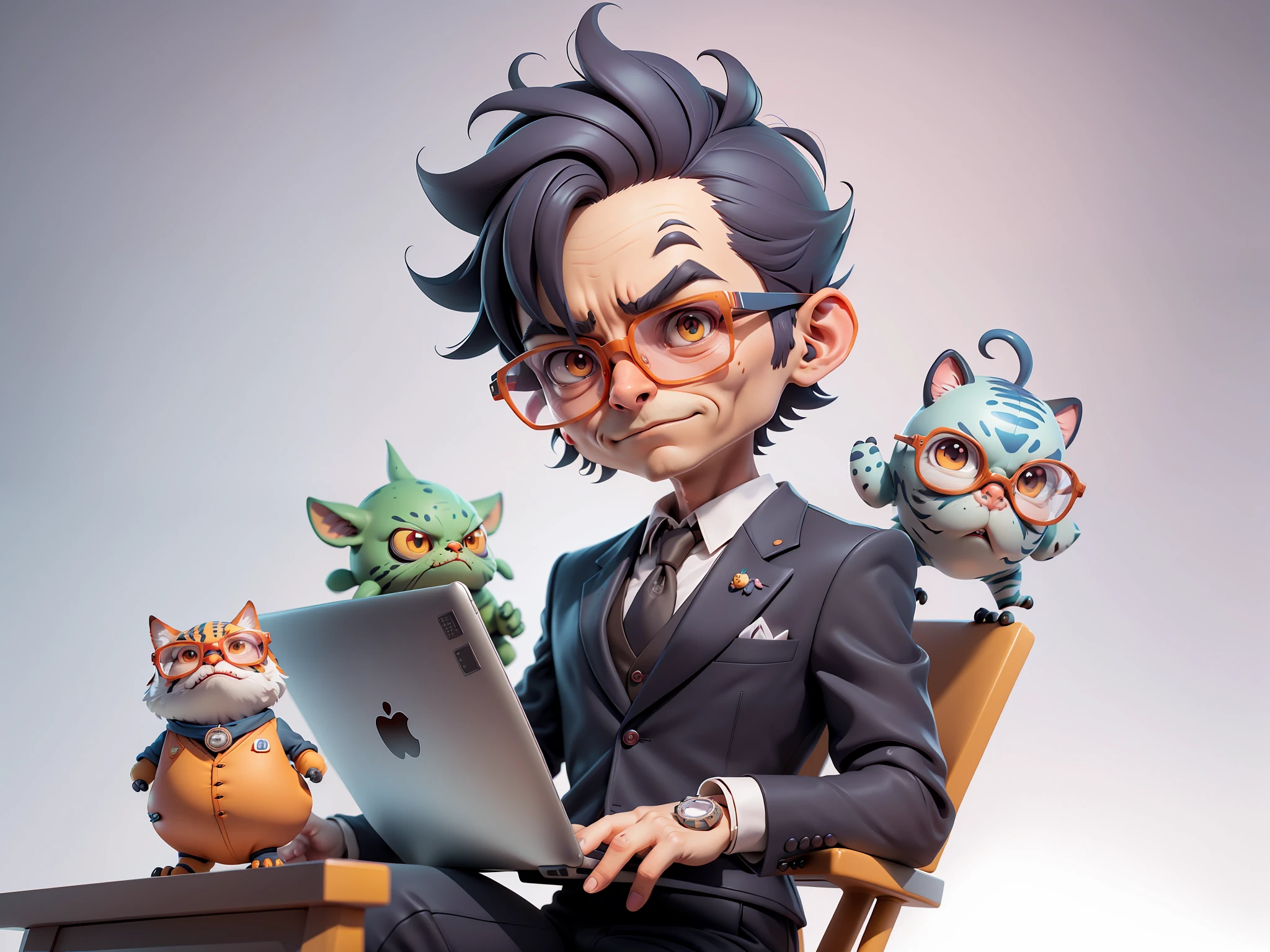 A young man in a suit, Short hair and glasses sat at his desk,holding laptop,digitial painting,tigre,3D character design by Mark Clairen and Pixar and Hayao Miyazaki and Akira Toriyama,4K HD illustration,Very detailed facial features and cartoon-style visuals。